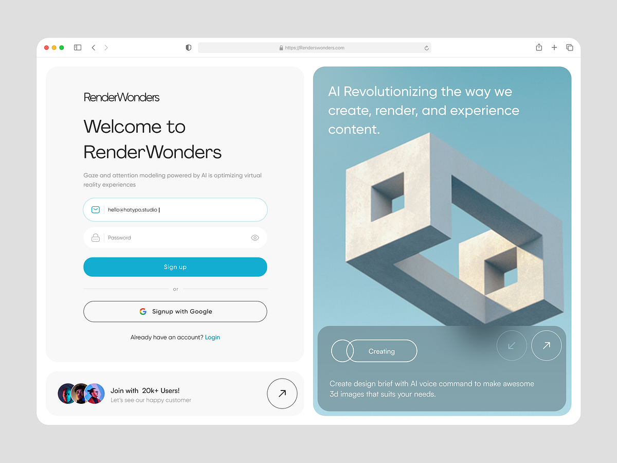 RenderWonders - Sign Up / Login Page
