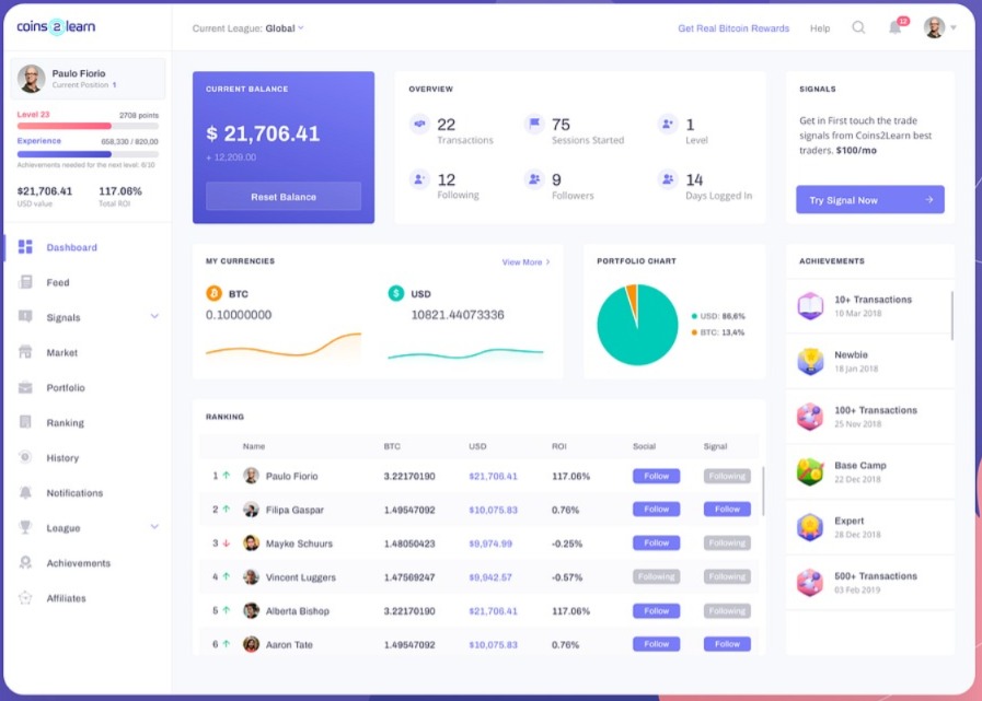Sharing dashboard screen we designed for Coins2Learn last year. It's a Cryptocurrency Trading Simulator to help people overcome their fear and become successful cryptocurrency investors