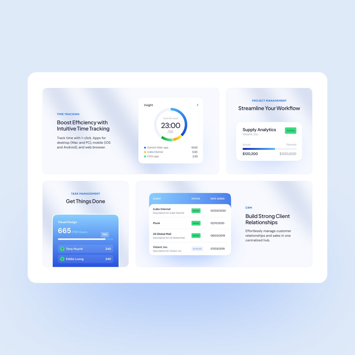 Project/Time management tool – Bento grid section – Website design