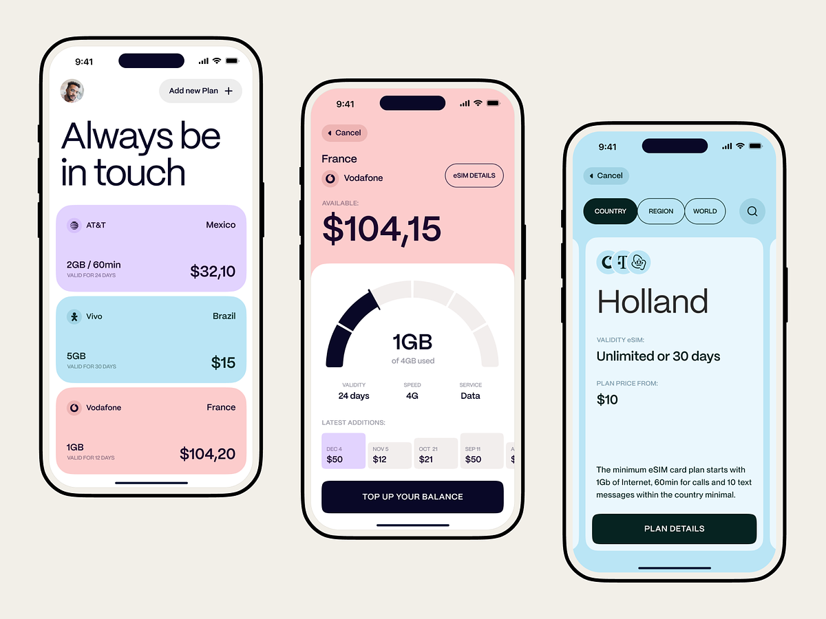 The Design concept for the eSim Telecom Mobile App UI