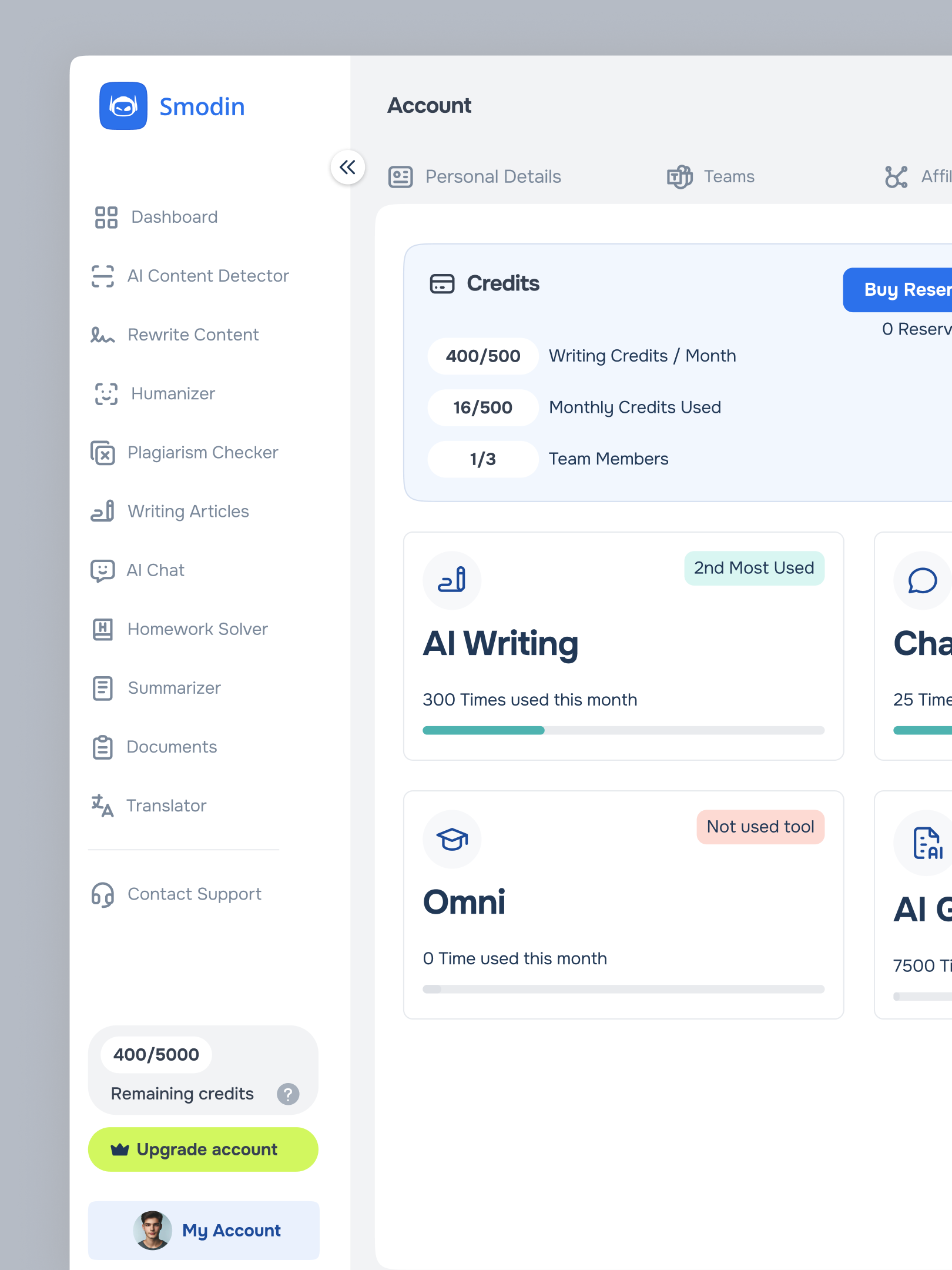 Smodin SaaS AI App Account section Redesign