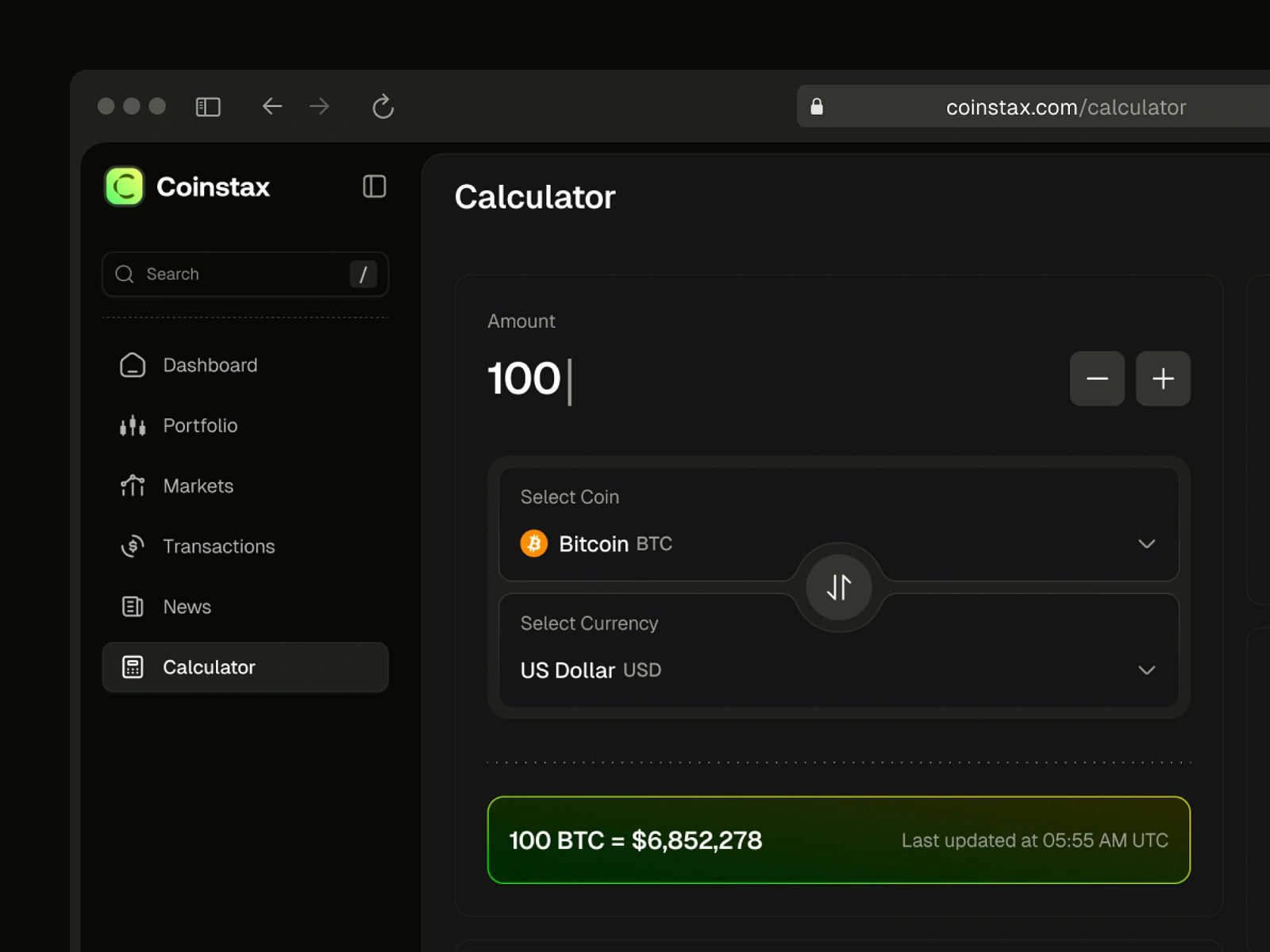 Crypto Exchange Rate Calculator - Dark Mode