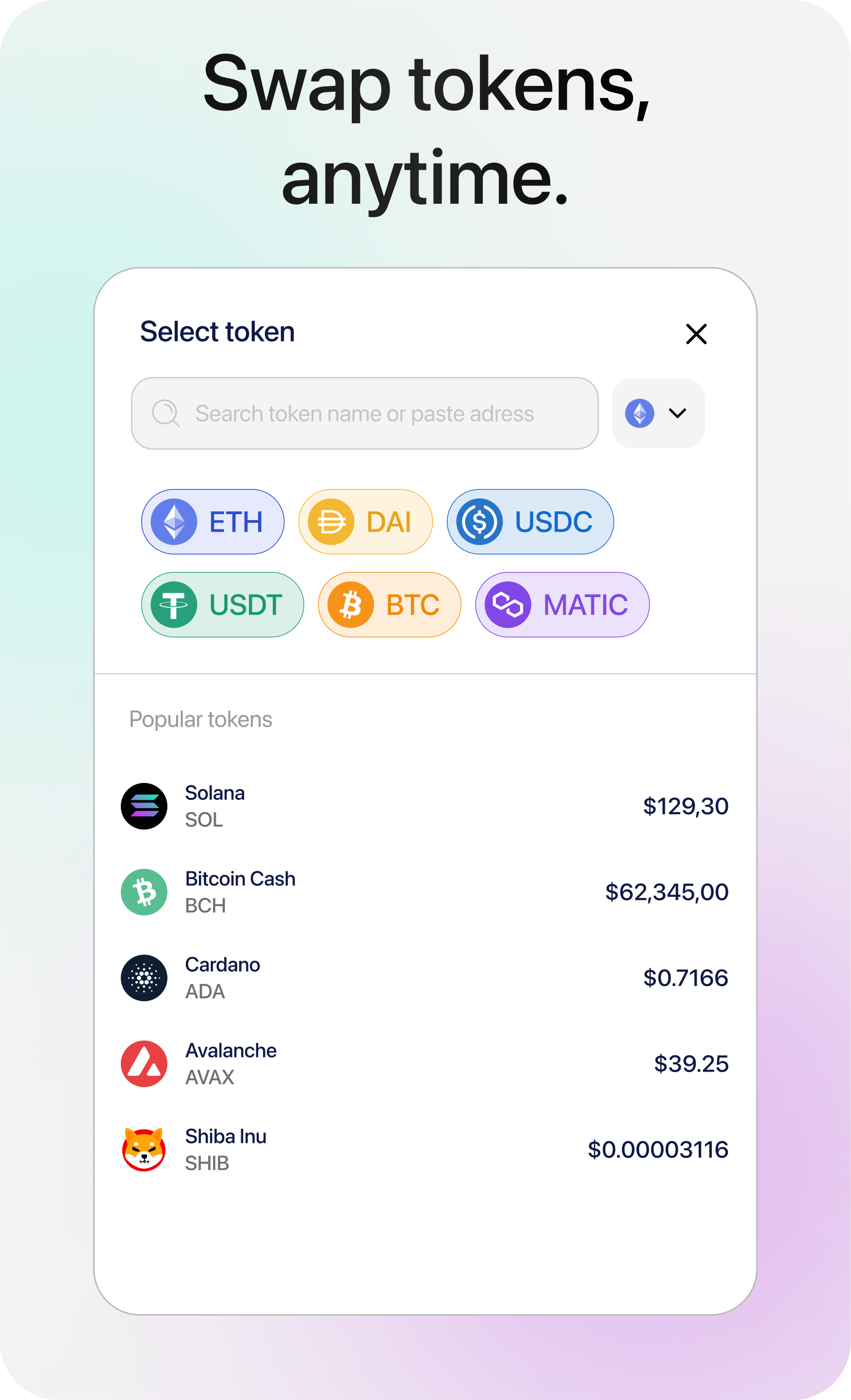 Select token, light mode