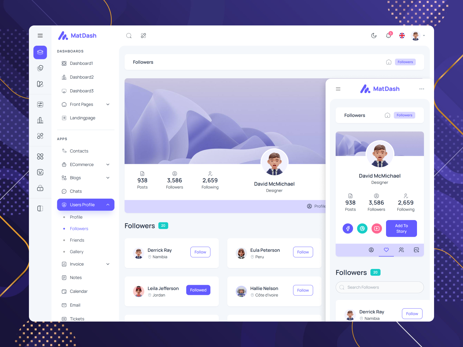 MatDash User Profile Followers Page Design