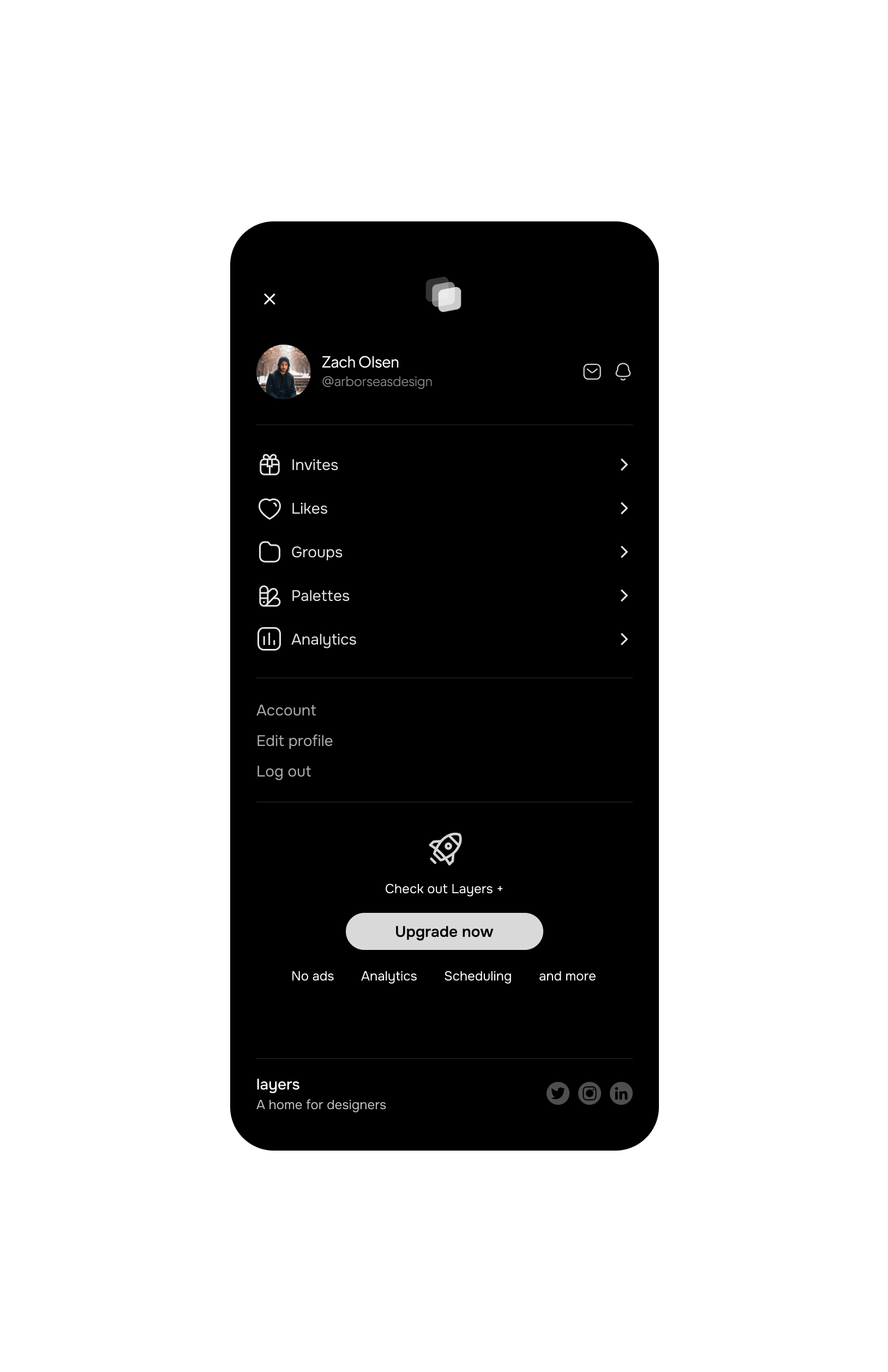 Settings page for Layers Mobile App (Concept)