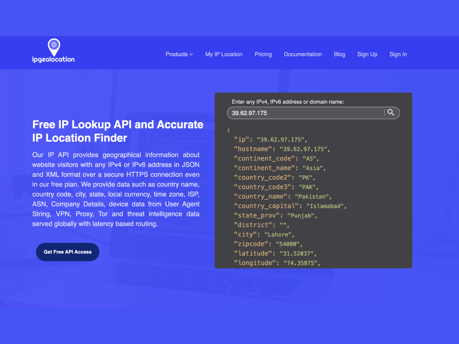 IP address to location data such as country, city, state and zip code