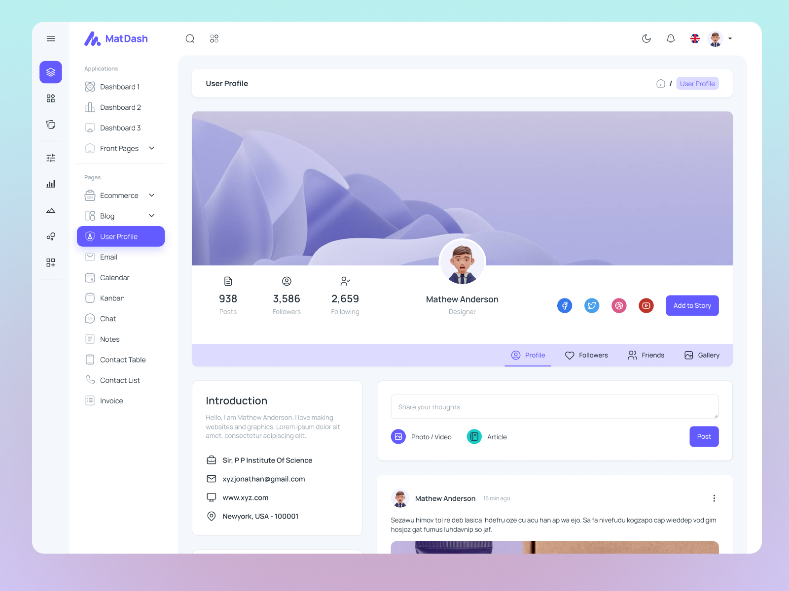 MatDash User Profile Page Design