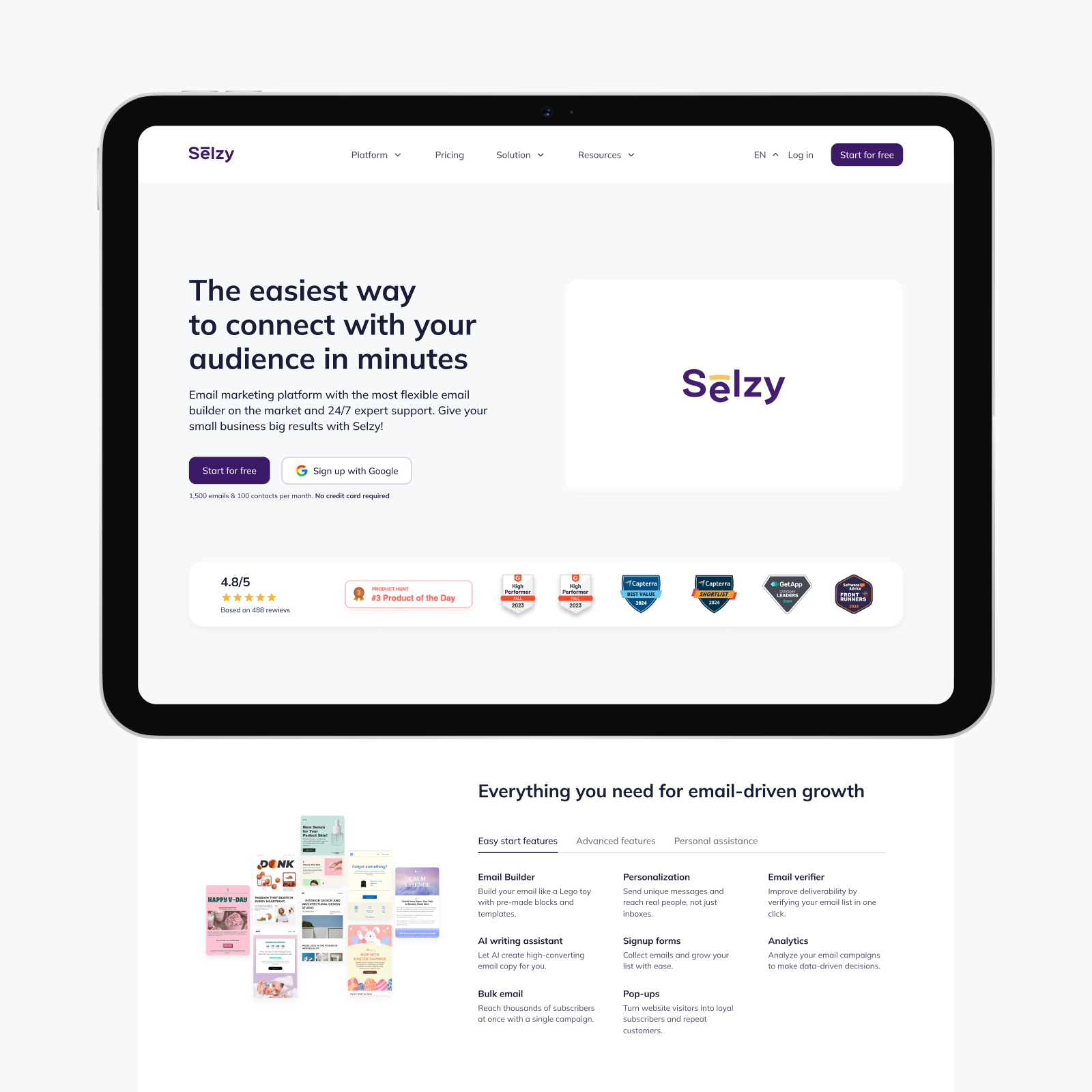 Selzy website redesign – home page screen