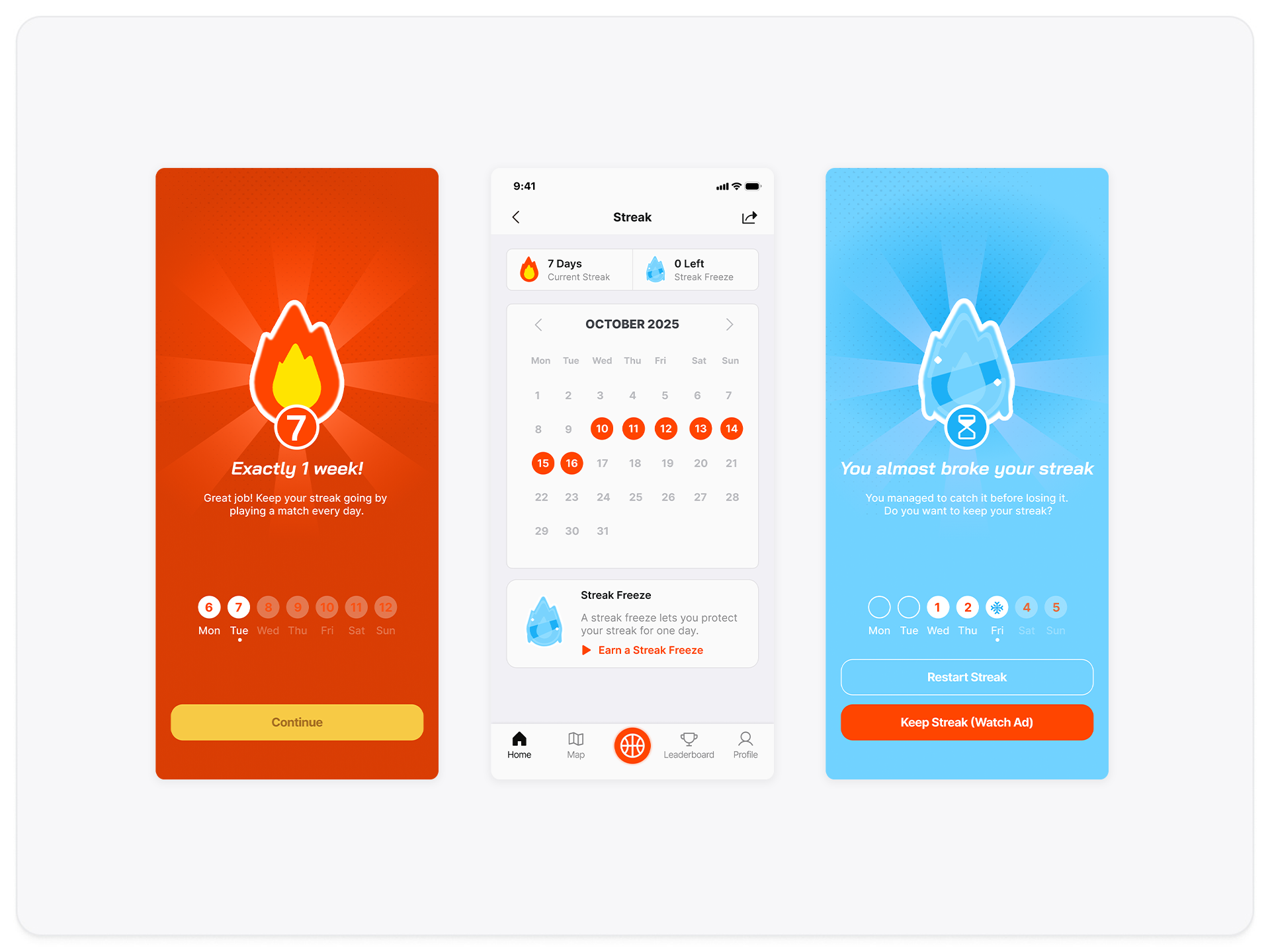 Gamified Mobile App UI – Streak, Freeze & Calendar