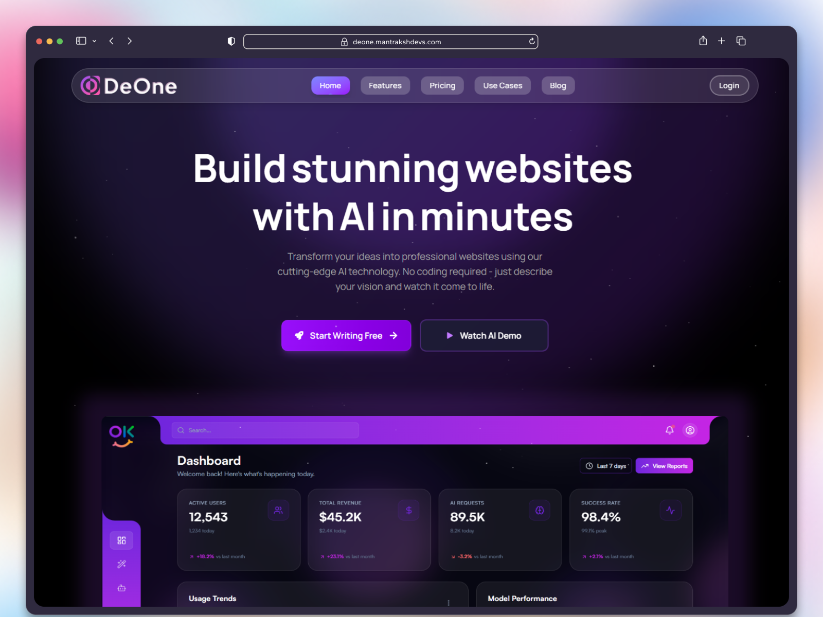 DeOne — High-Performance AI SaaS Template (React 19 + Tailwind v4)