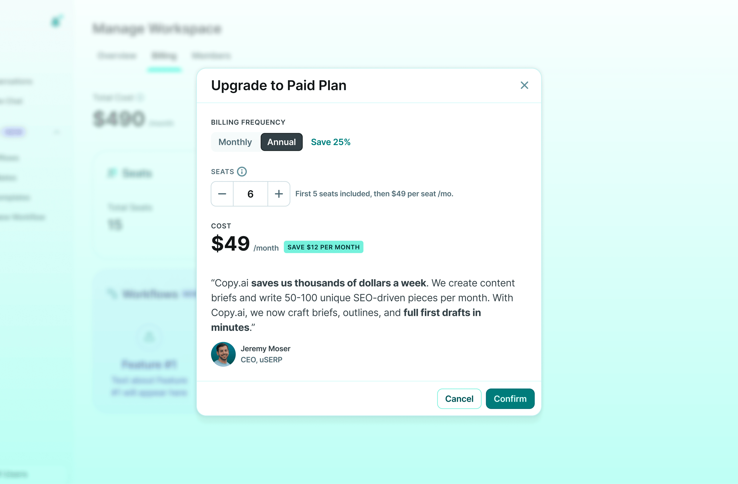 Copy.ai Upgrade Modal with User Testimonial