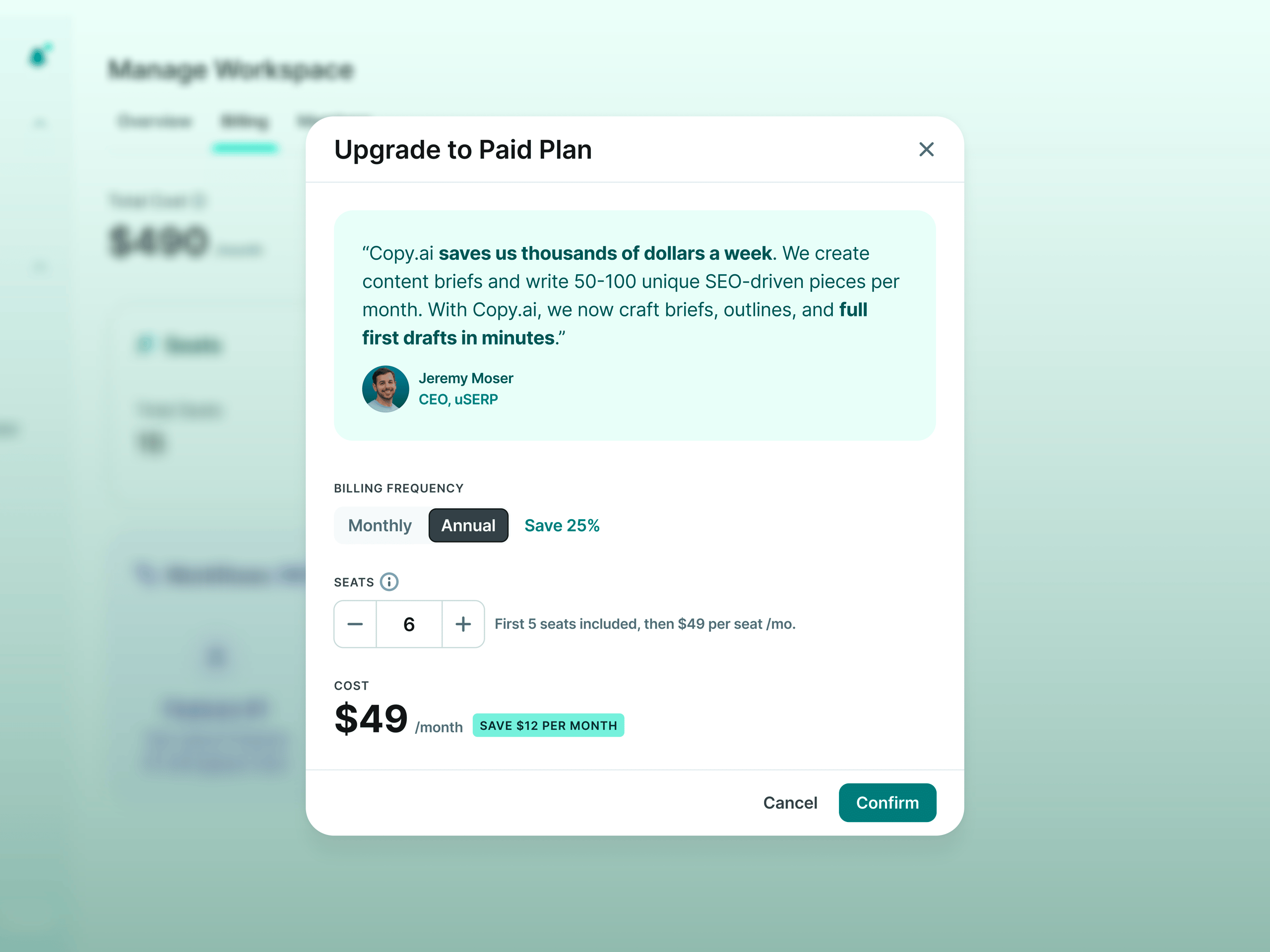 copy.ai Upgrade Modal with Social Proof