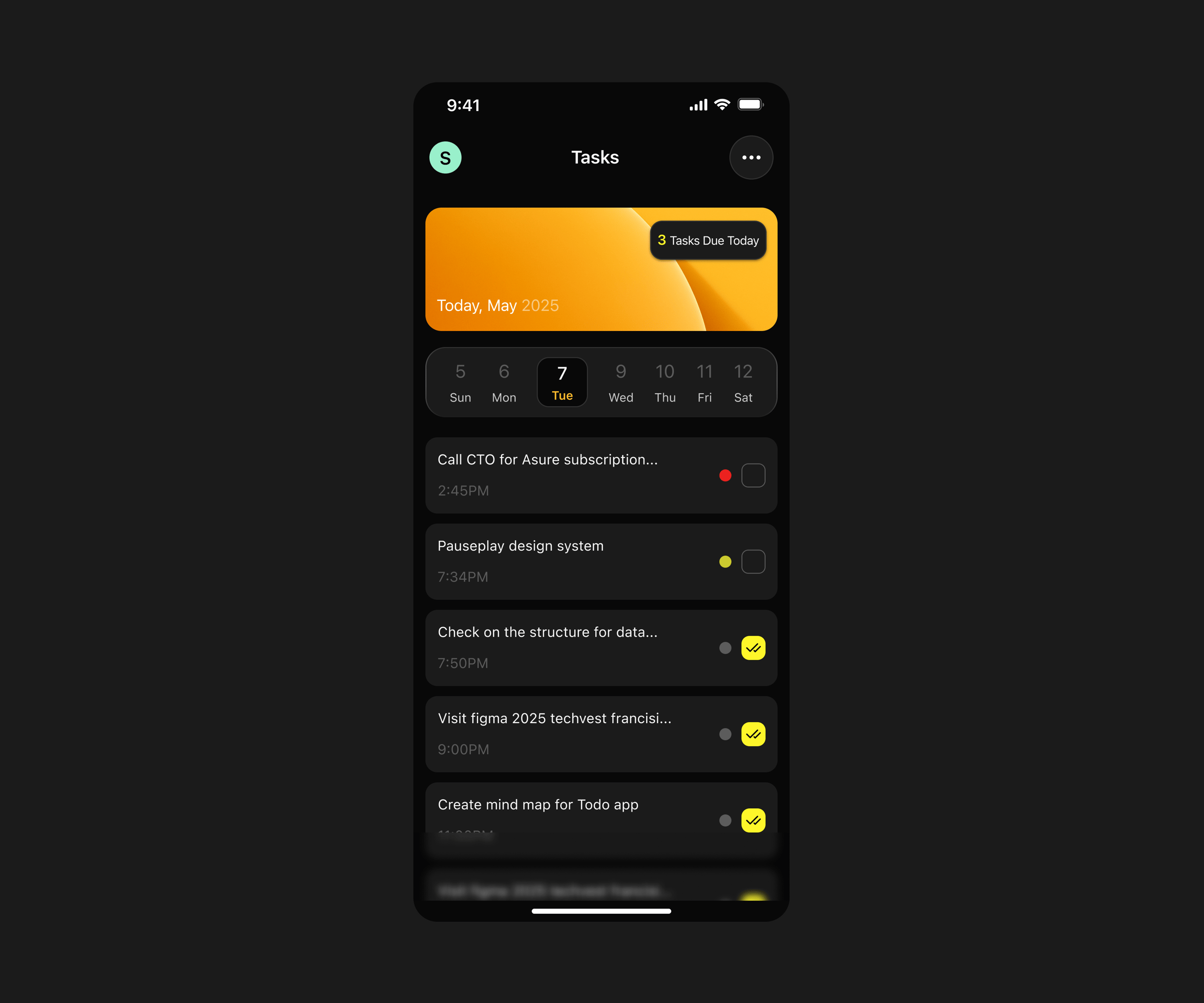 Tasks screen