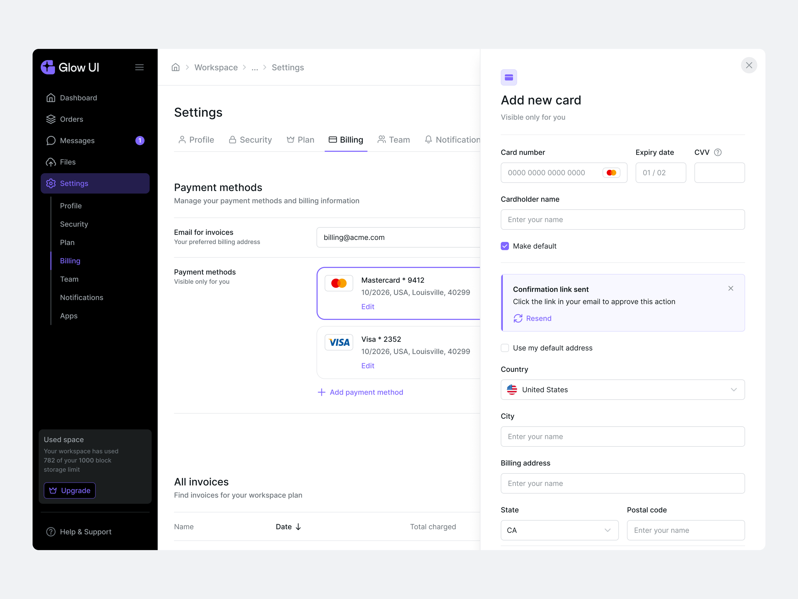 Billing Settings Template — Glow UI