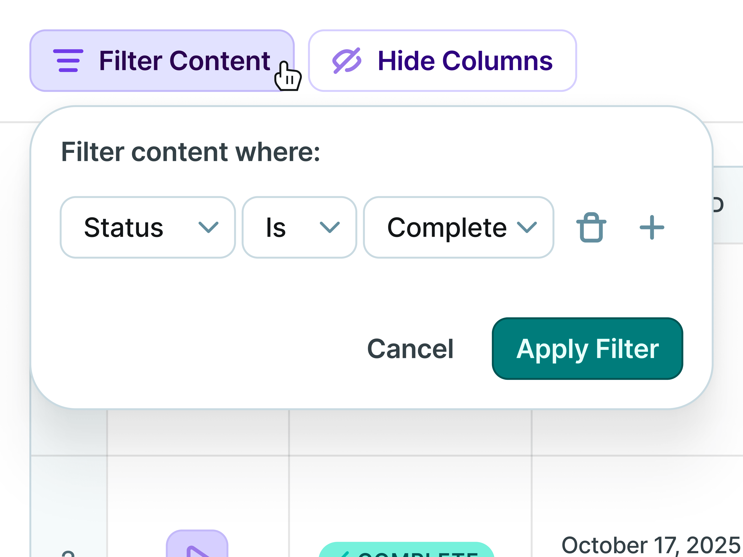 copy.ai Workflows Table Filter Dropdown