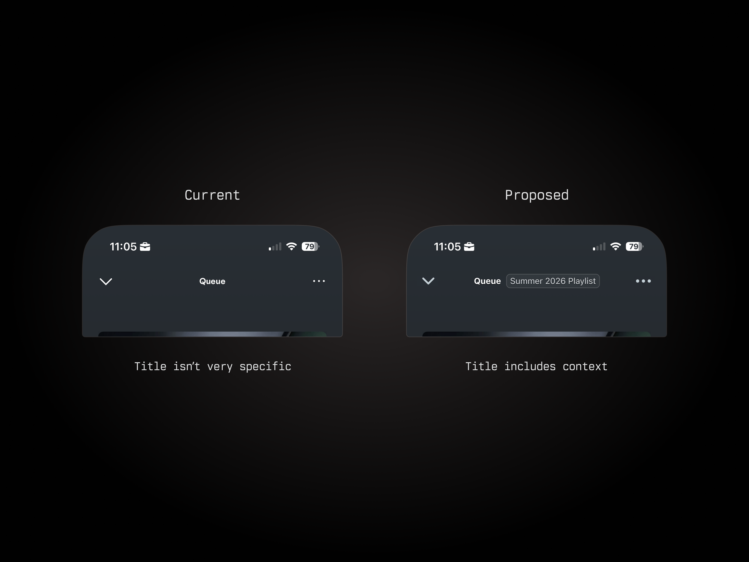 Spotify Queue Title Text Concept (Before and After)