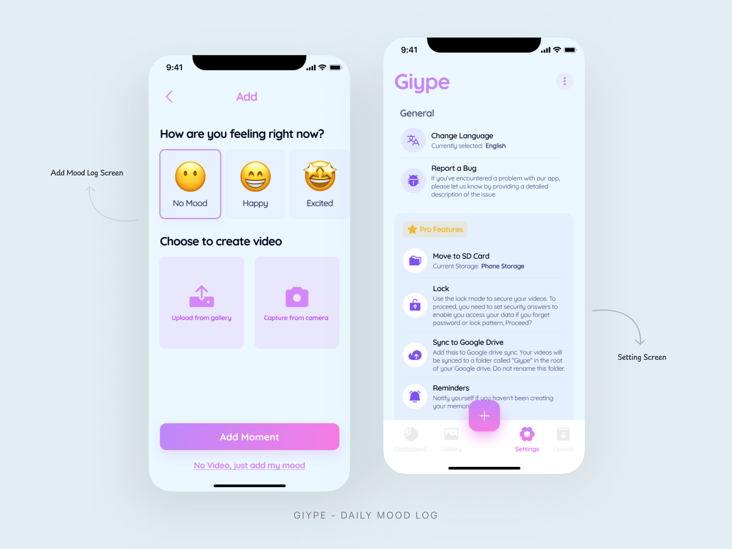 Add Mood Log - Settings - Giype Mood Tracker App