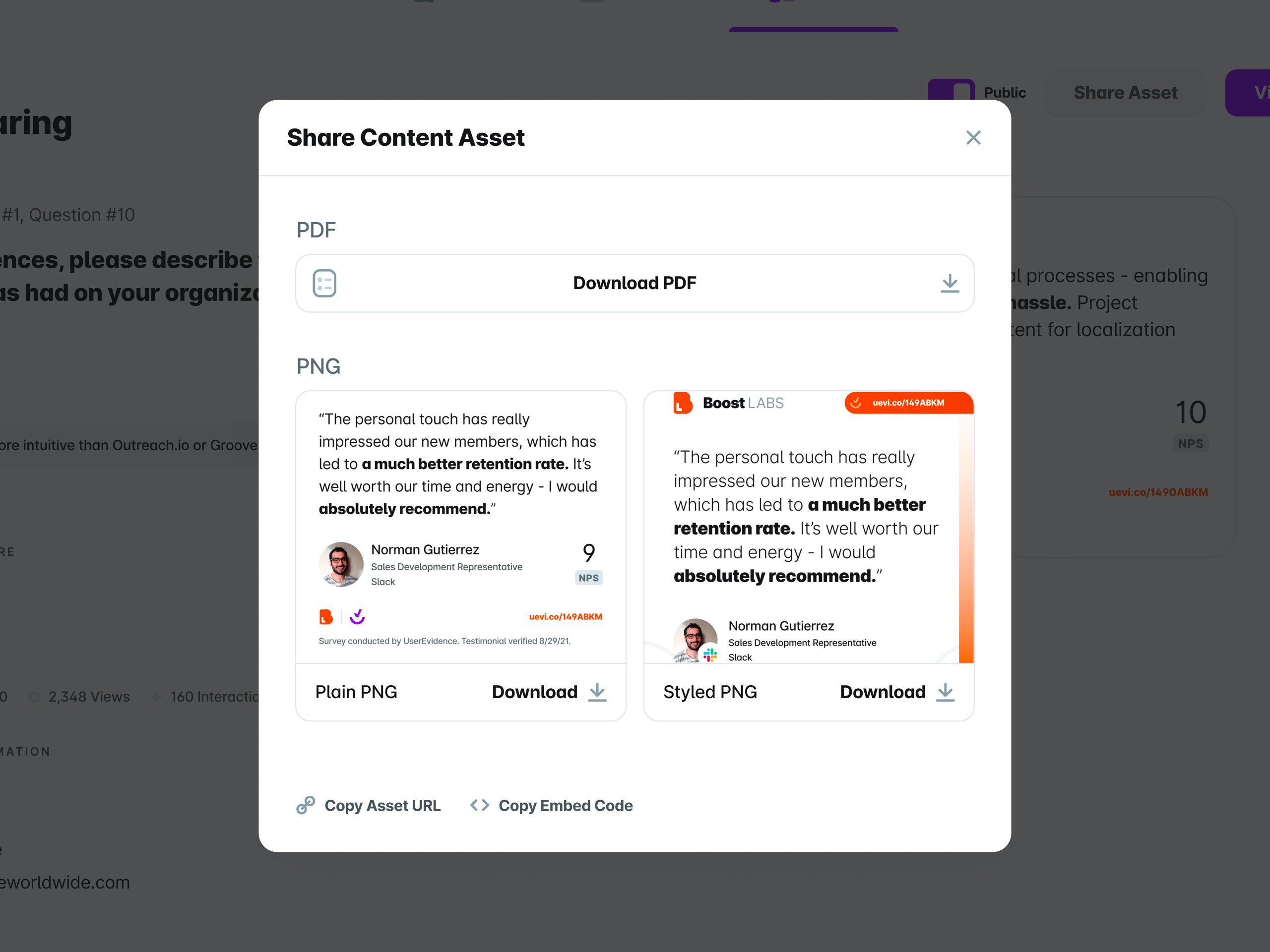UserEvidence Content Asset Modal
