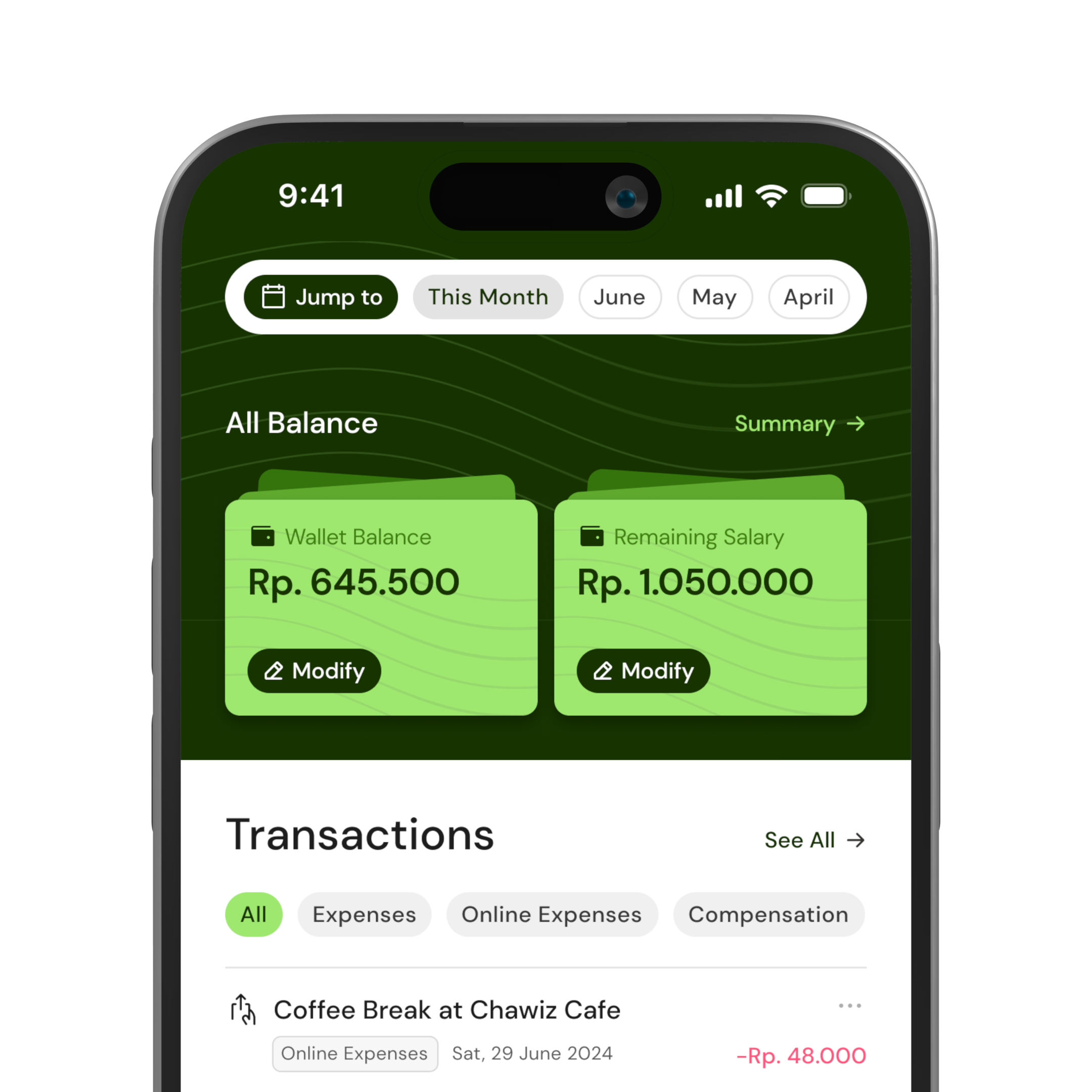 Top navigation of wallet tracker app design concept