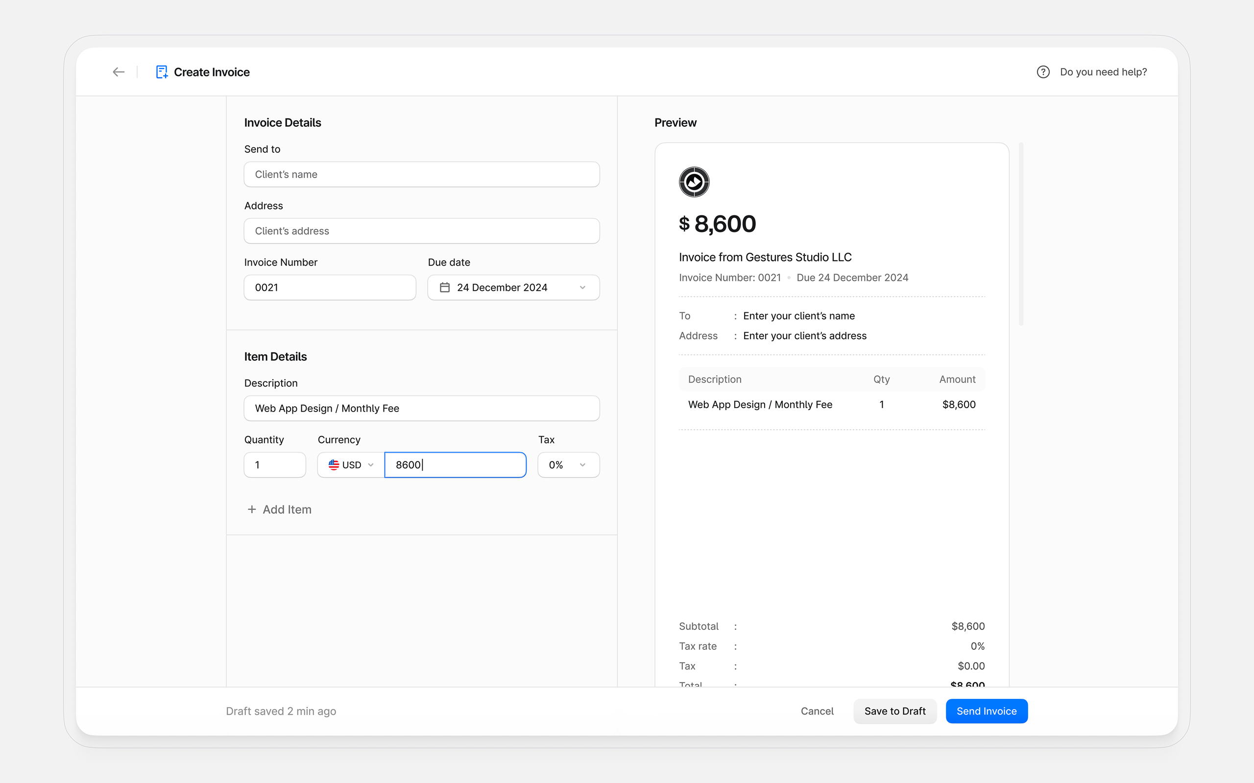 create invoice screens