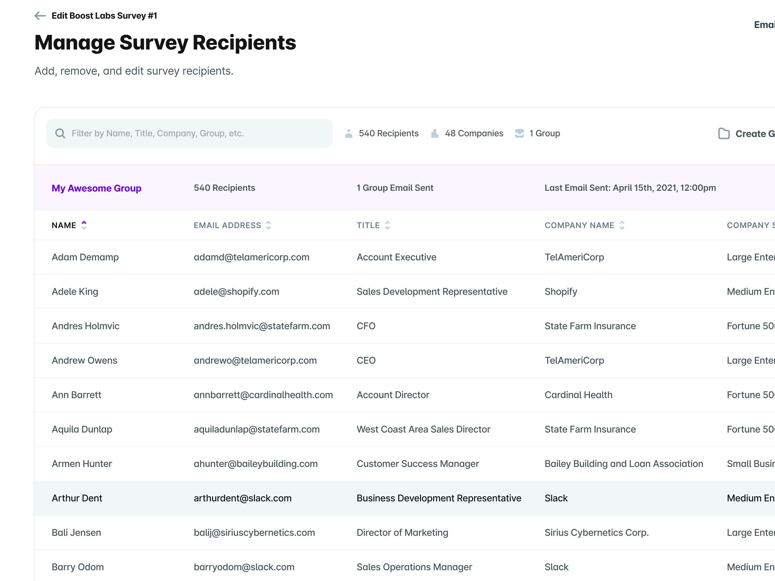 UserEvidence Manage Survey Recipients Table
