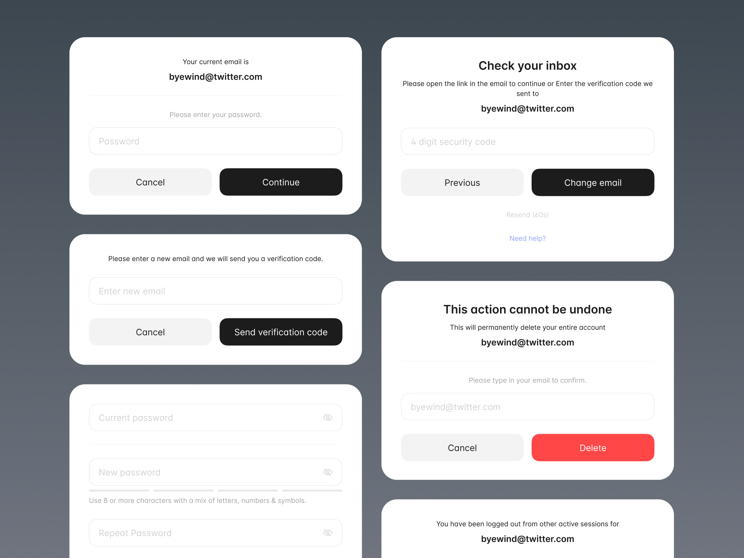 Change email, change password pop-up window