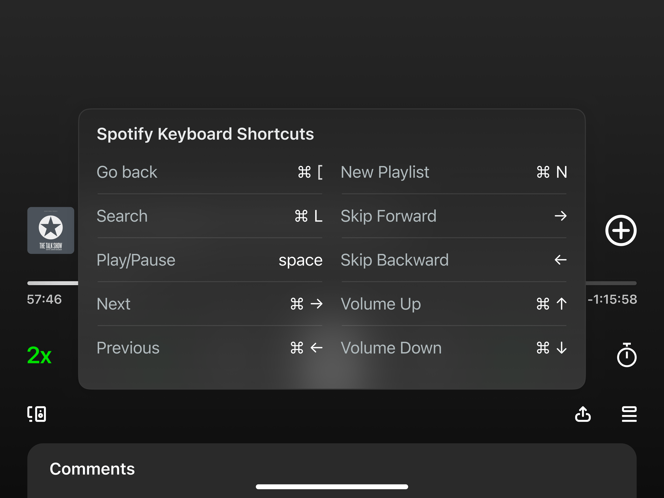 Refined Spotify iPad Keyboard Shortcuts Concept