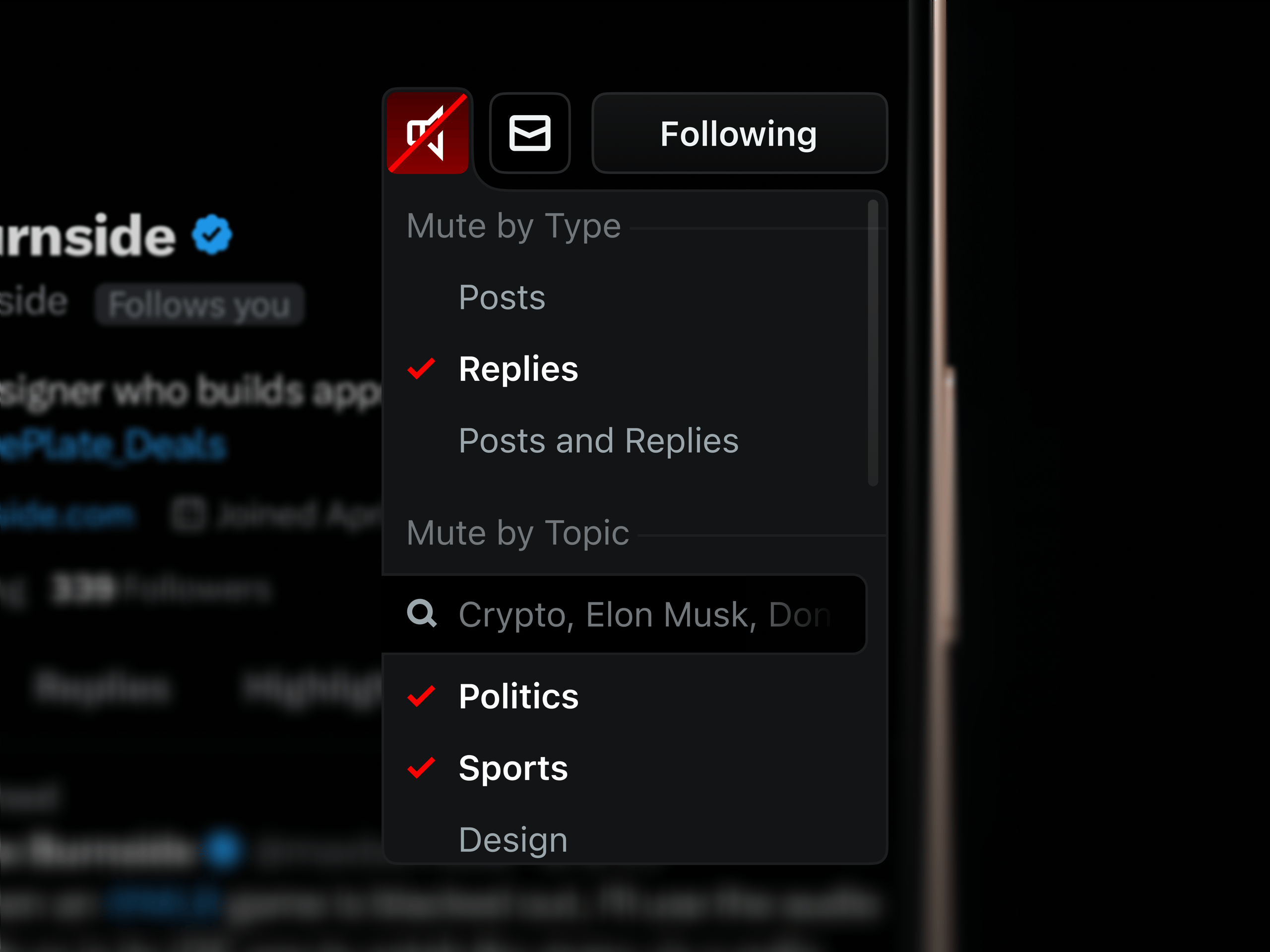 Selectively Mute User Post Types & Topics on X