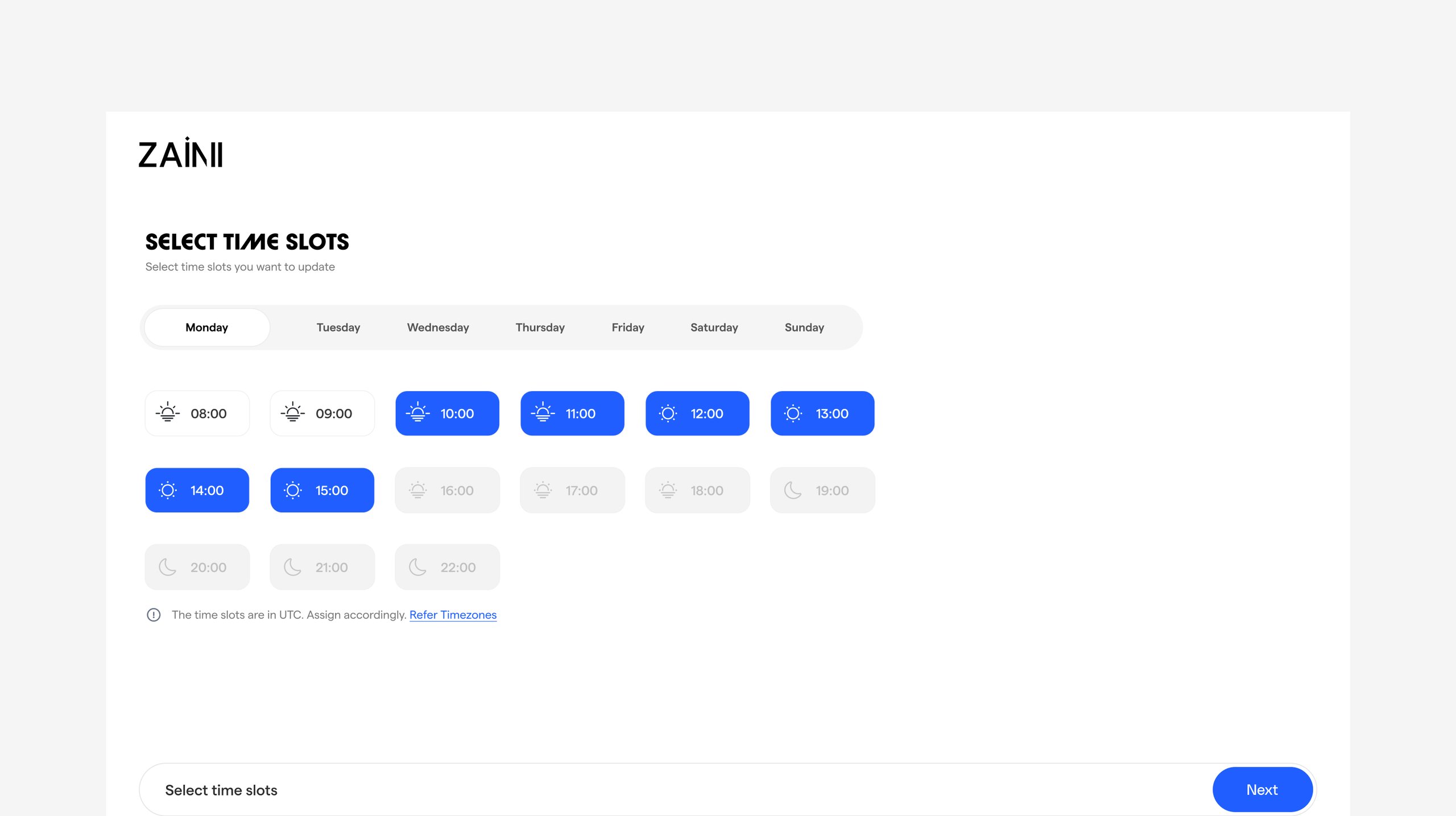 Time slots selection UI