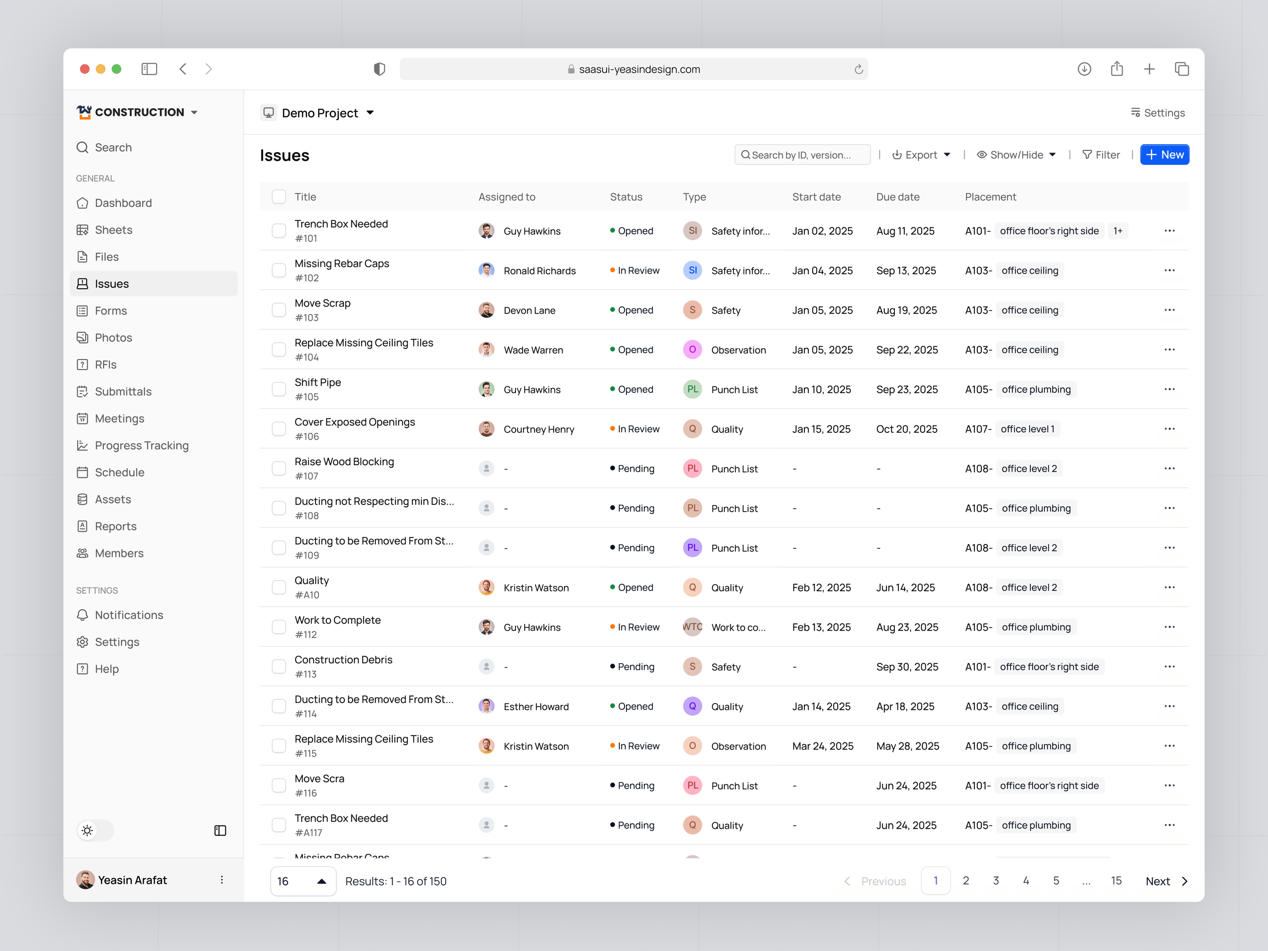 Issues Table UI – Construction Management SaaS Web App