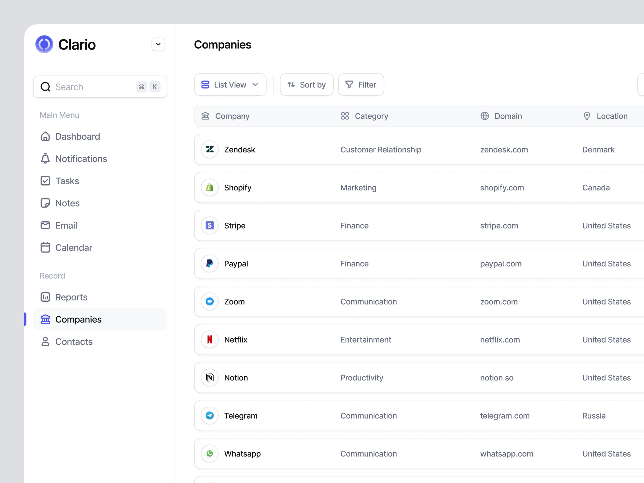 Clario - CRM Data Table