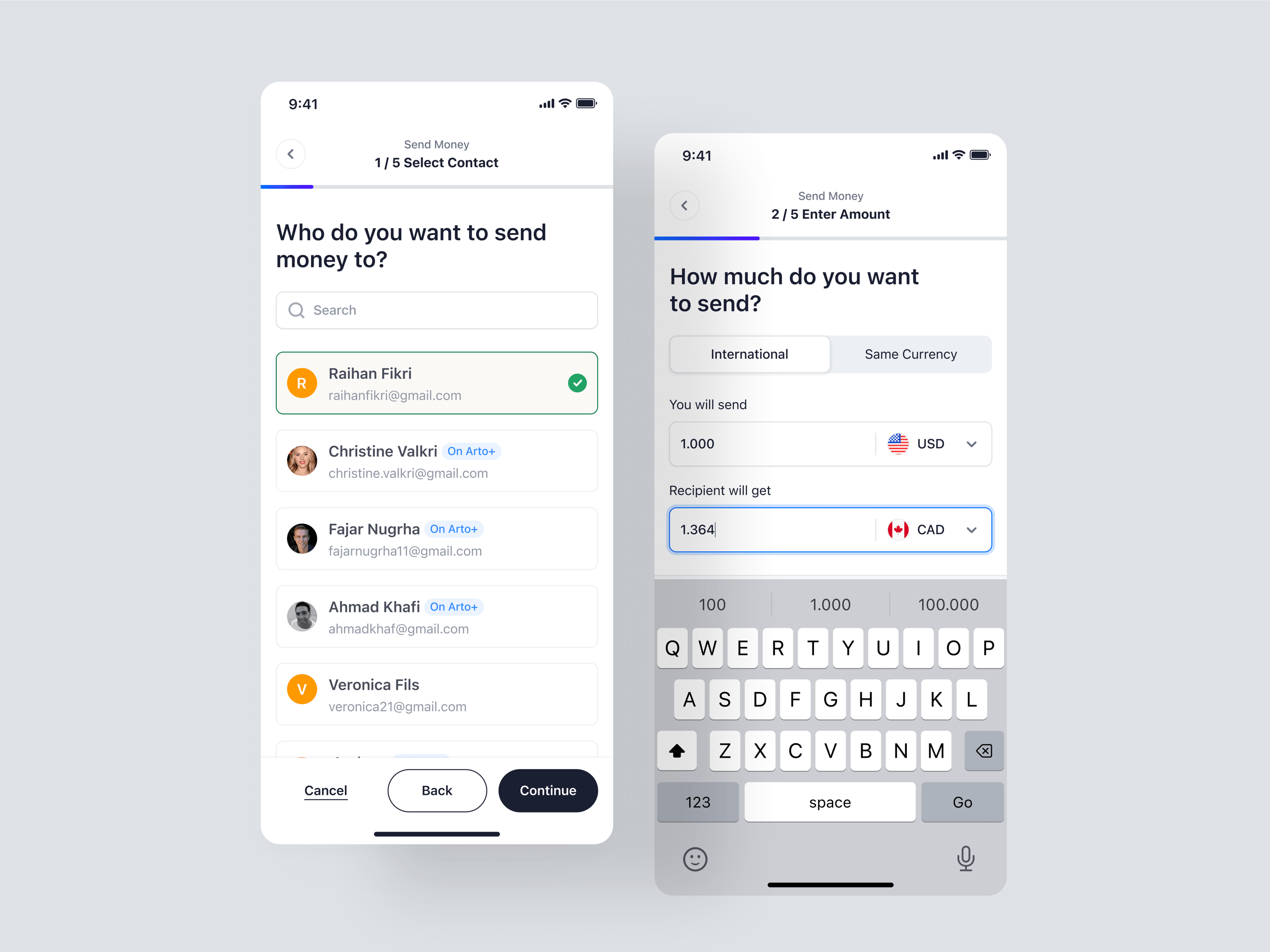 Arto Plus Mobile - Select Contact and Enter Amount