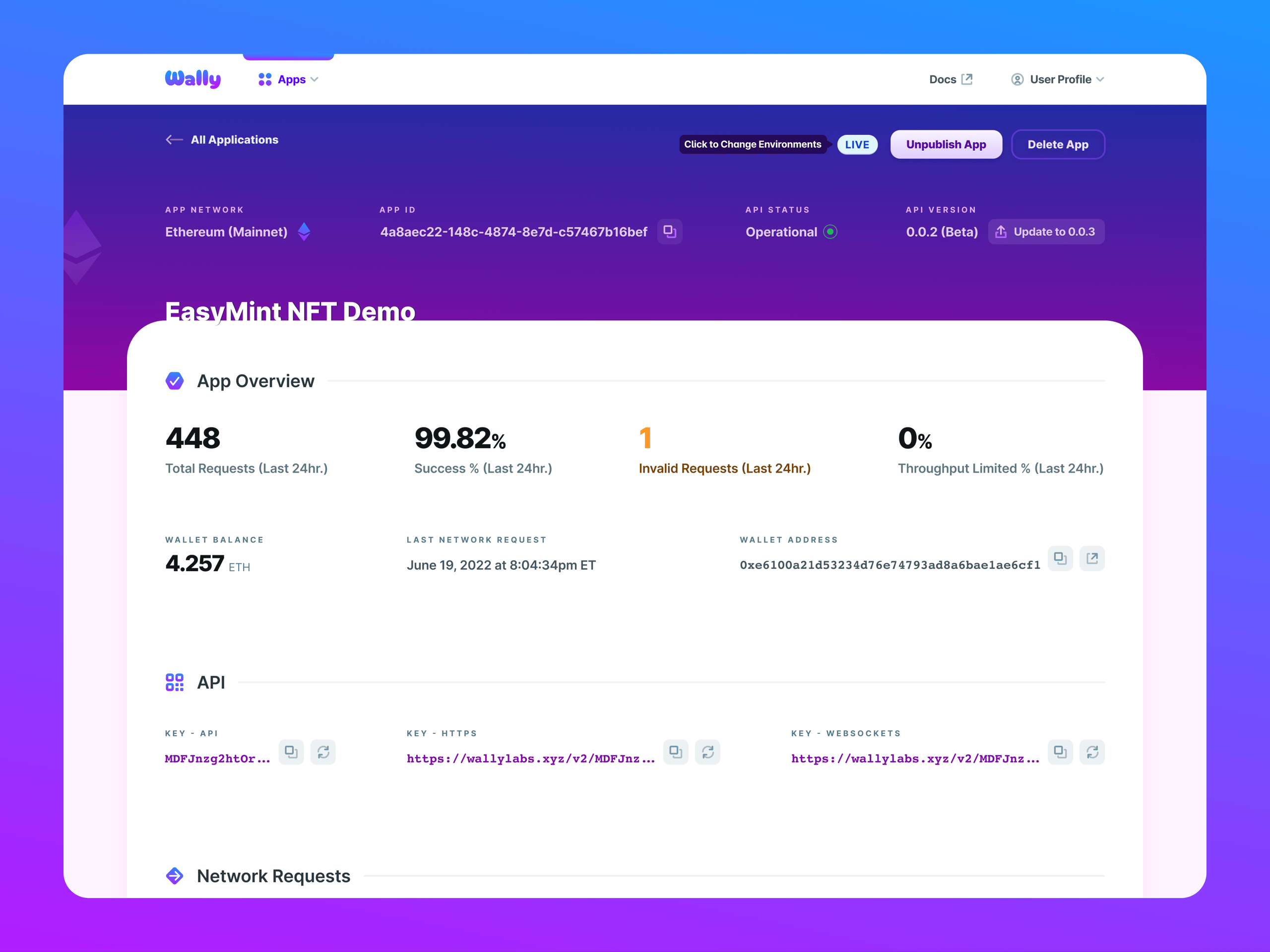 Wally Crypto Application Details View