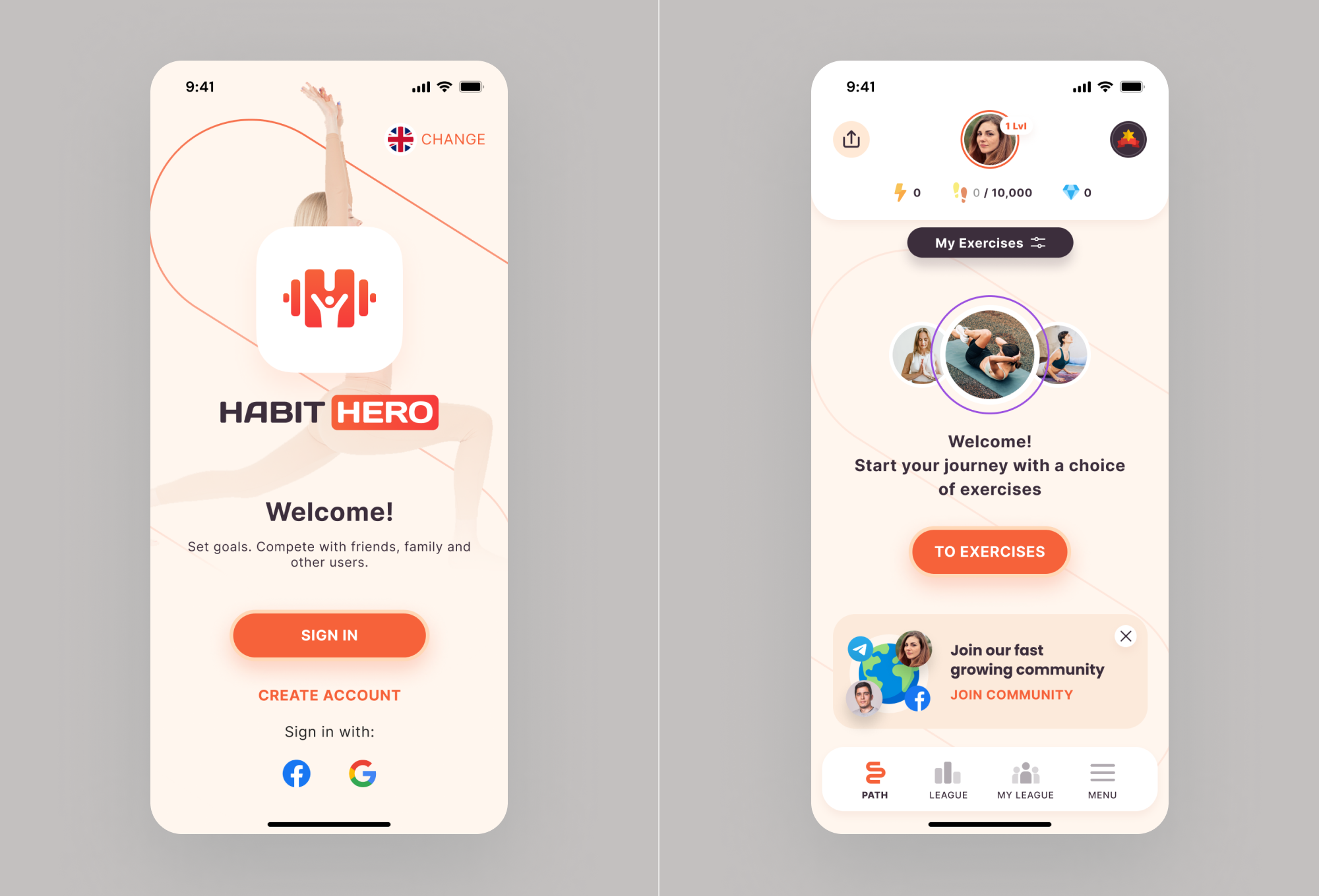 Habit Hero App UX/UI design. Splash & First login screen.