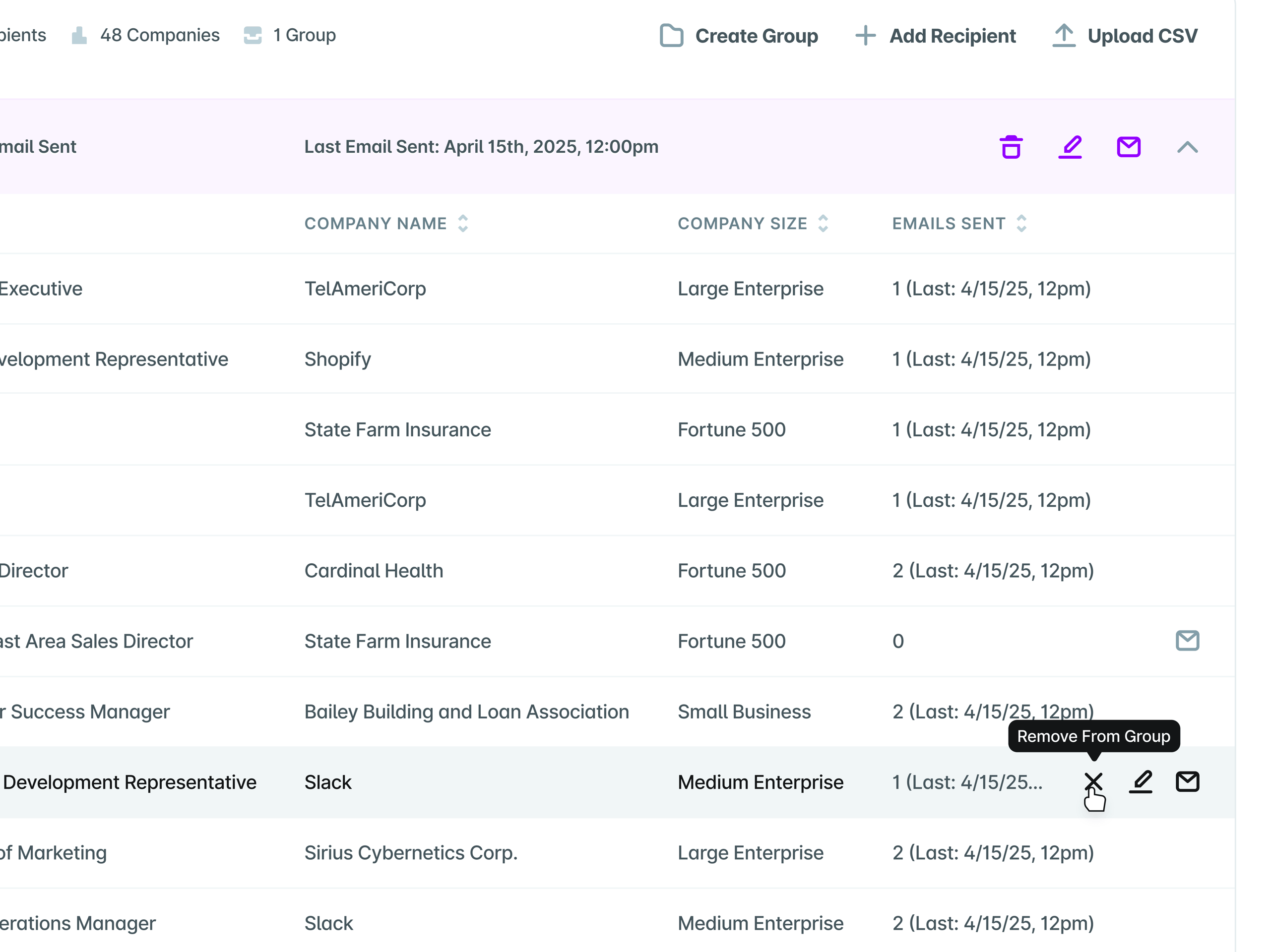 UserEvidence Manage Survey Recipients Table