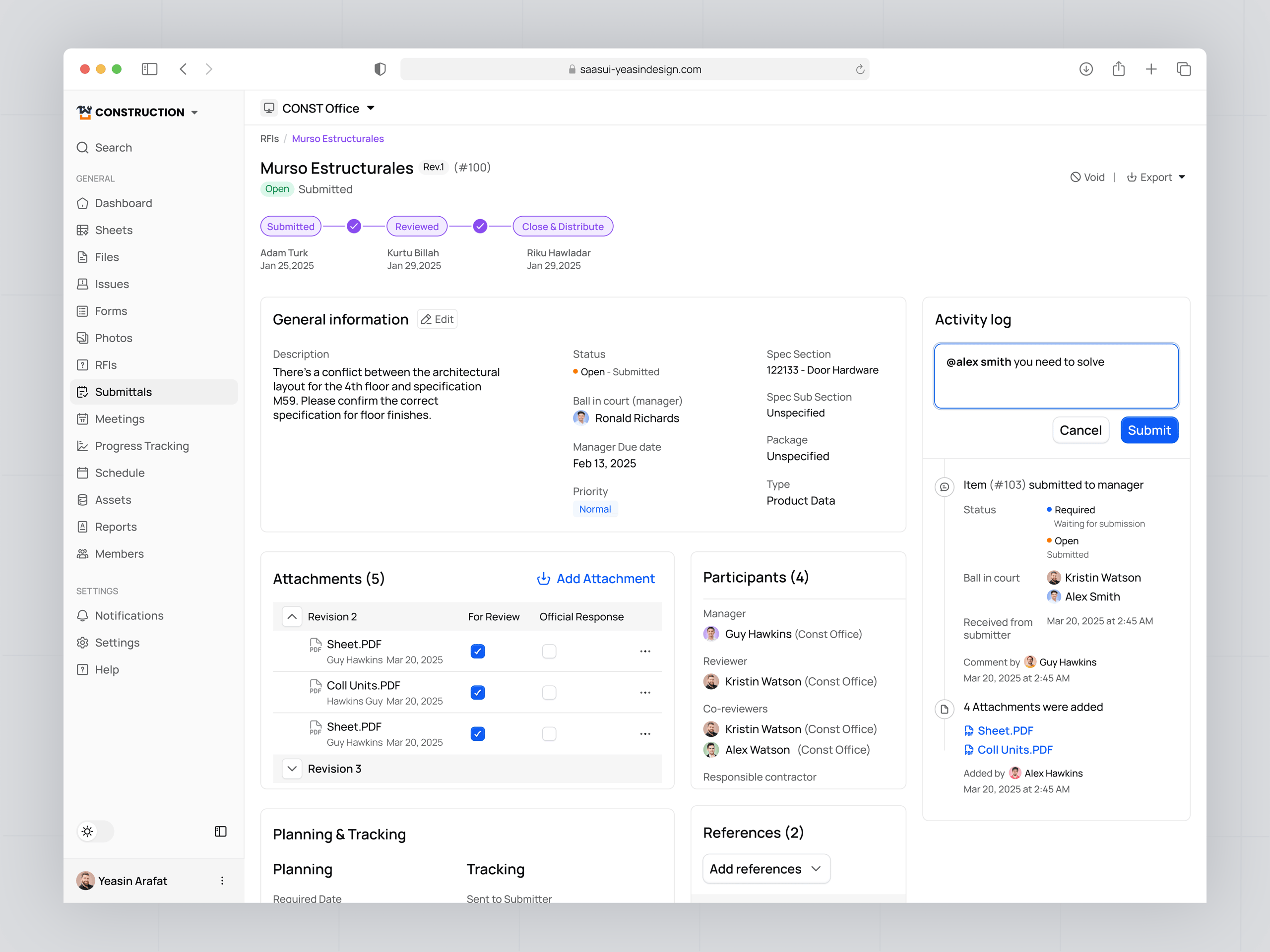 Submittals UI – Construction Management SaaS Web App