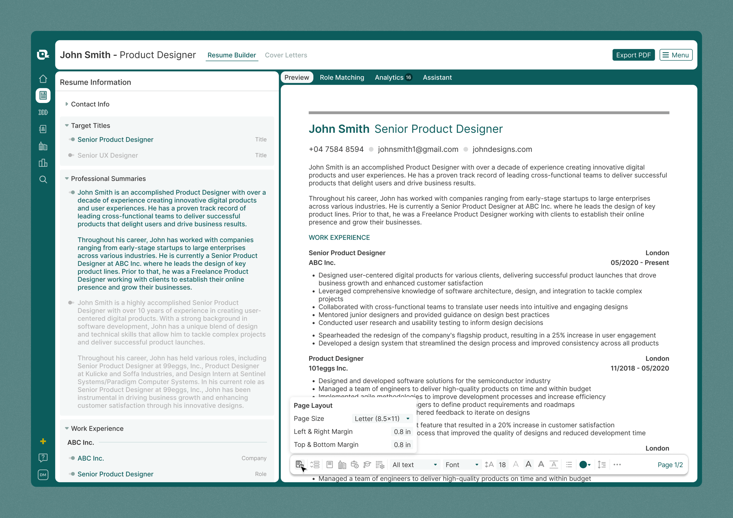 Teal HQ - Resume Builder redesign