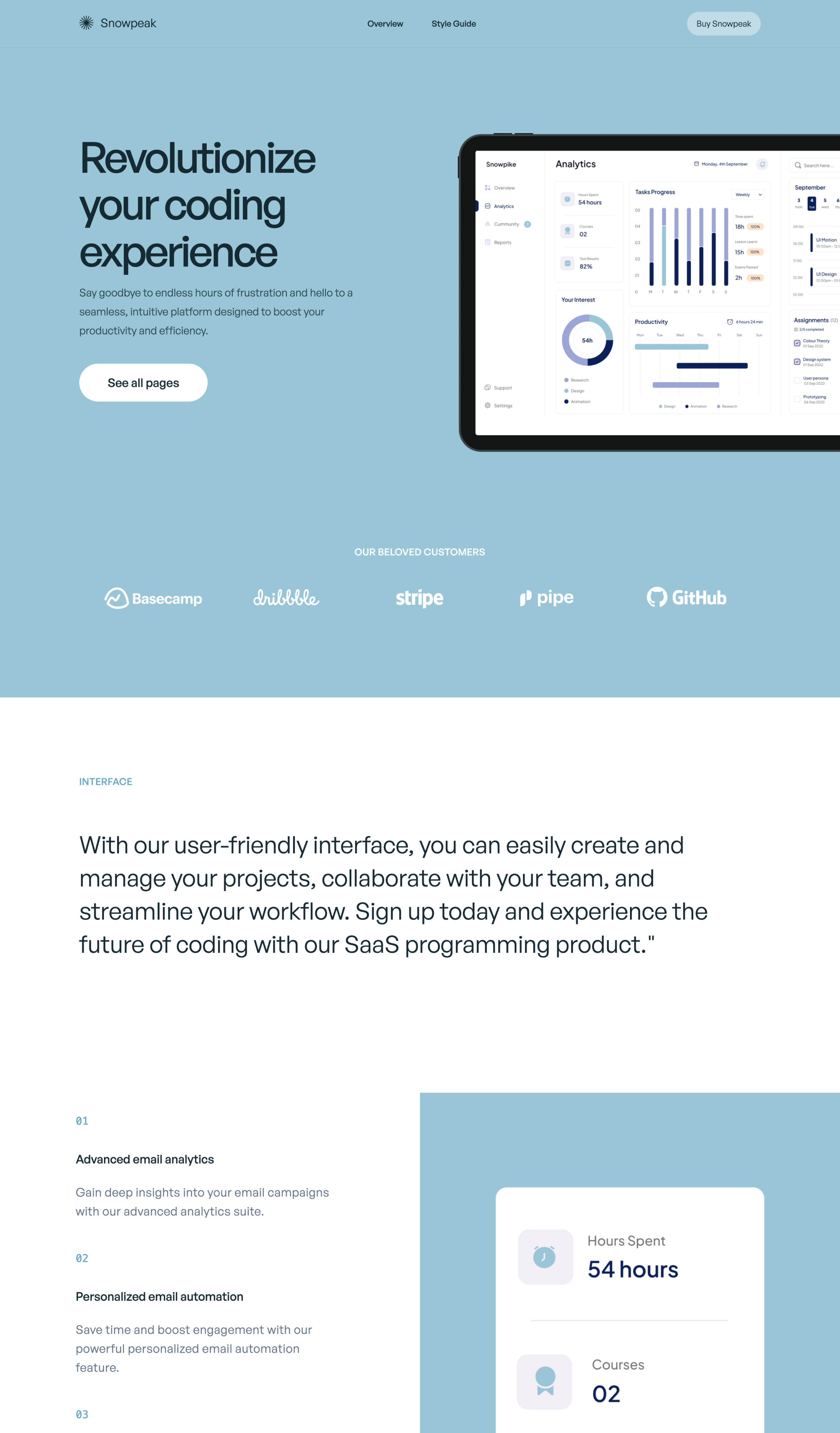 Snow Peak — SaaS multipage theme.
Built with Astro, Tailwind CSS & MDX