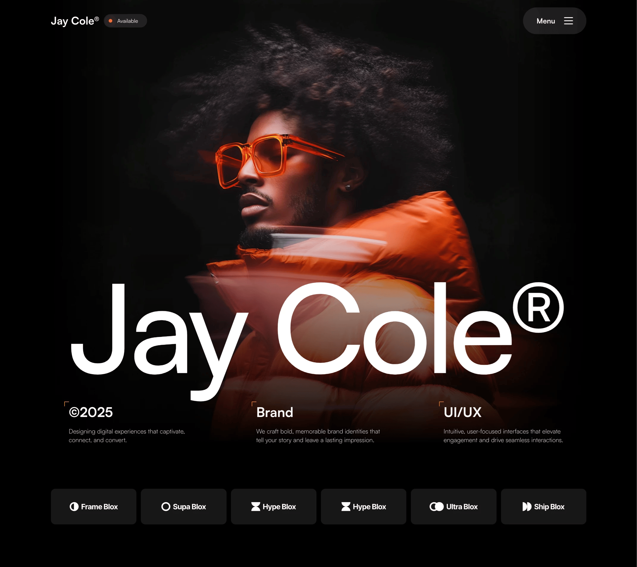 Dark Portfolio Website hero section for Framer built with Frameblox UI kit