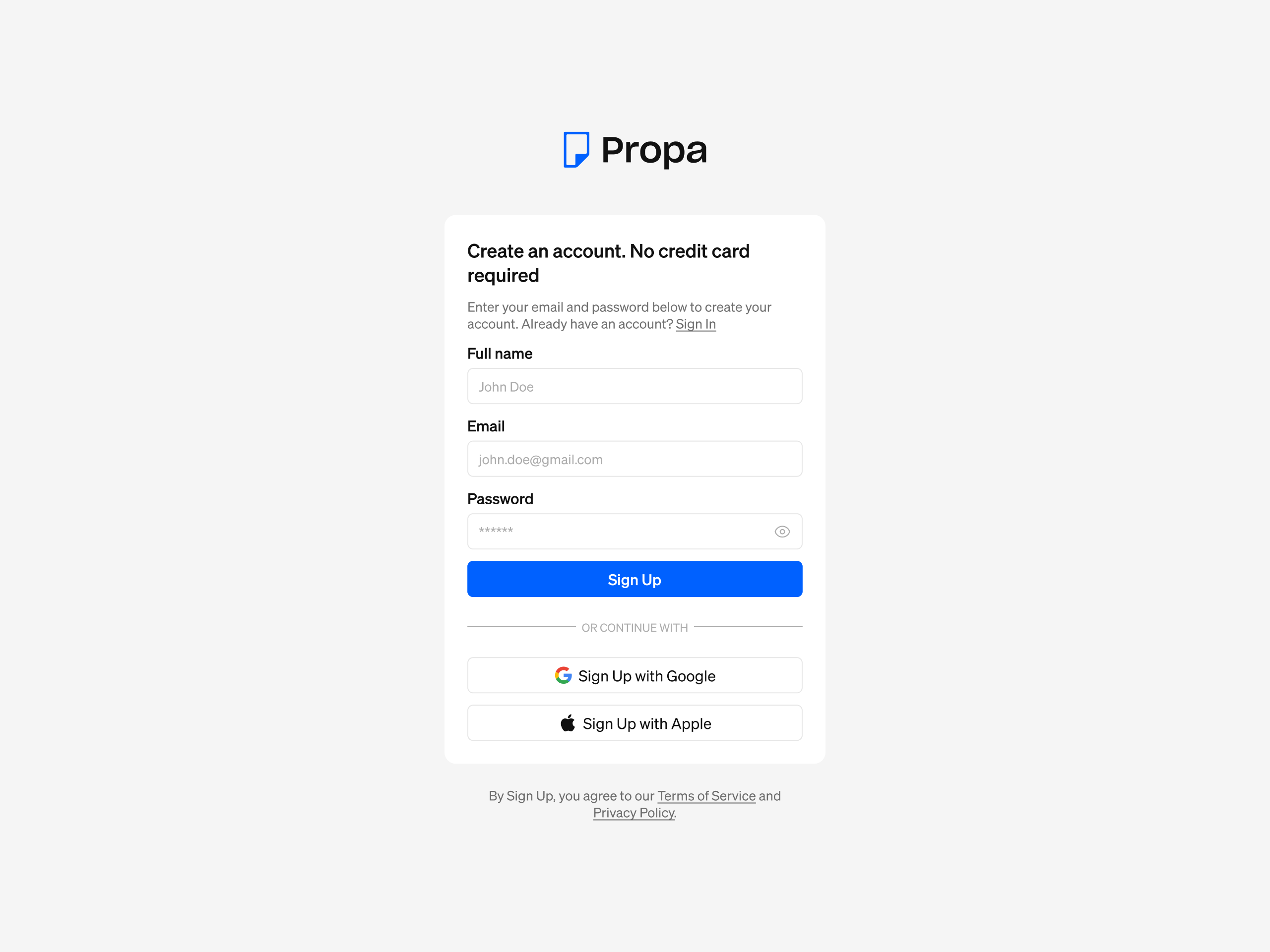 Propa - Login page