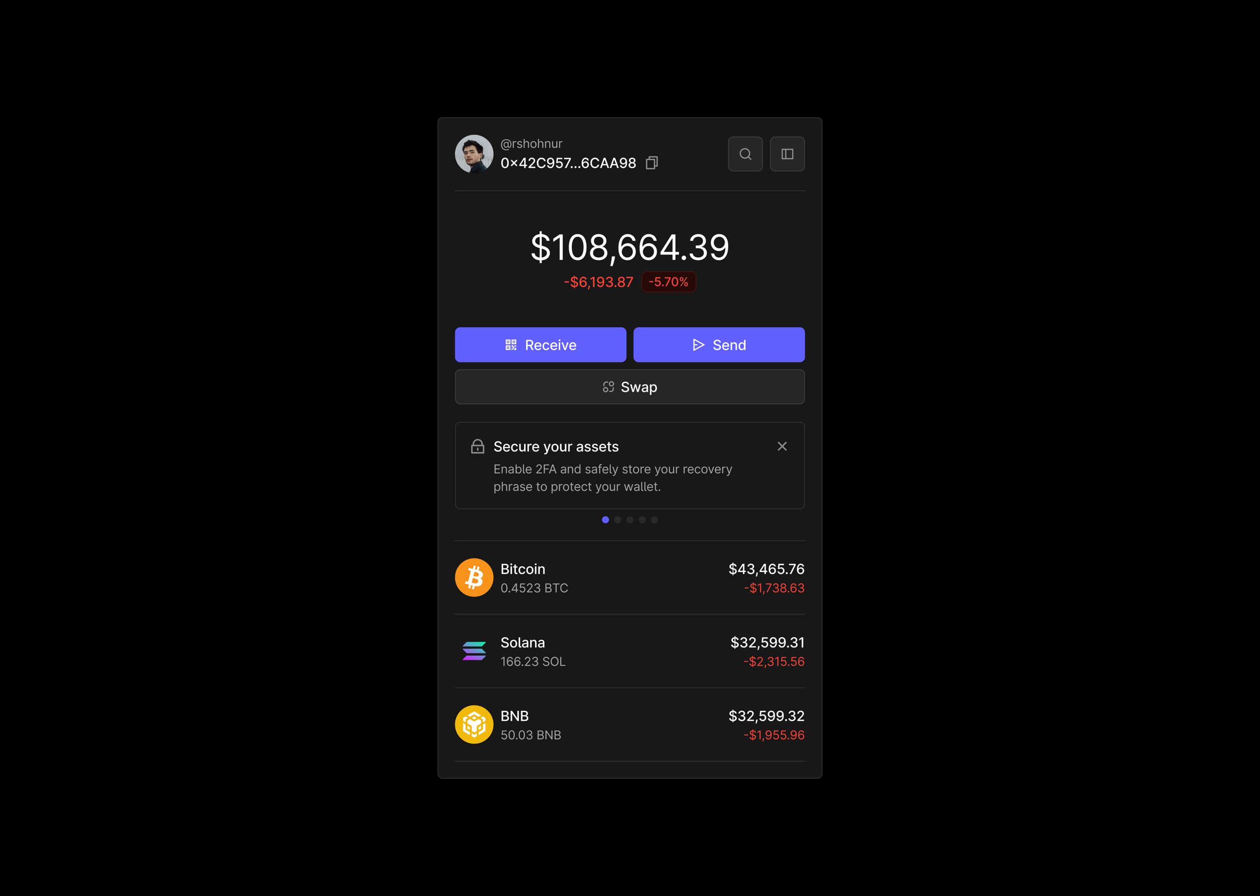 Crypto wallet UI (dark) by Shokhnur Ruziev | Layers