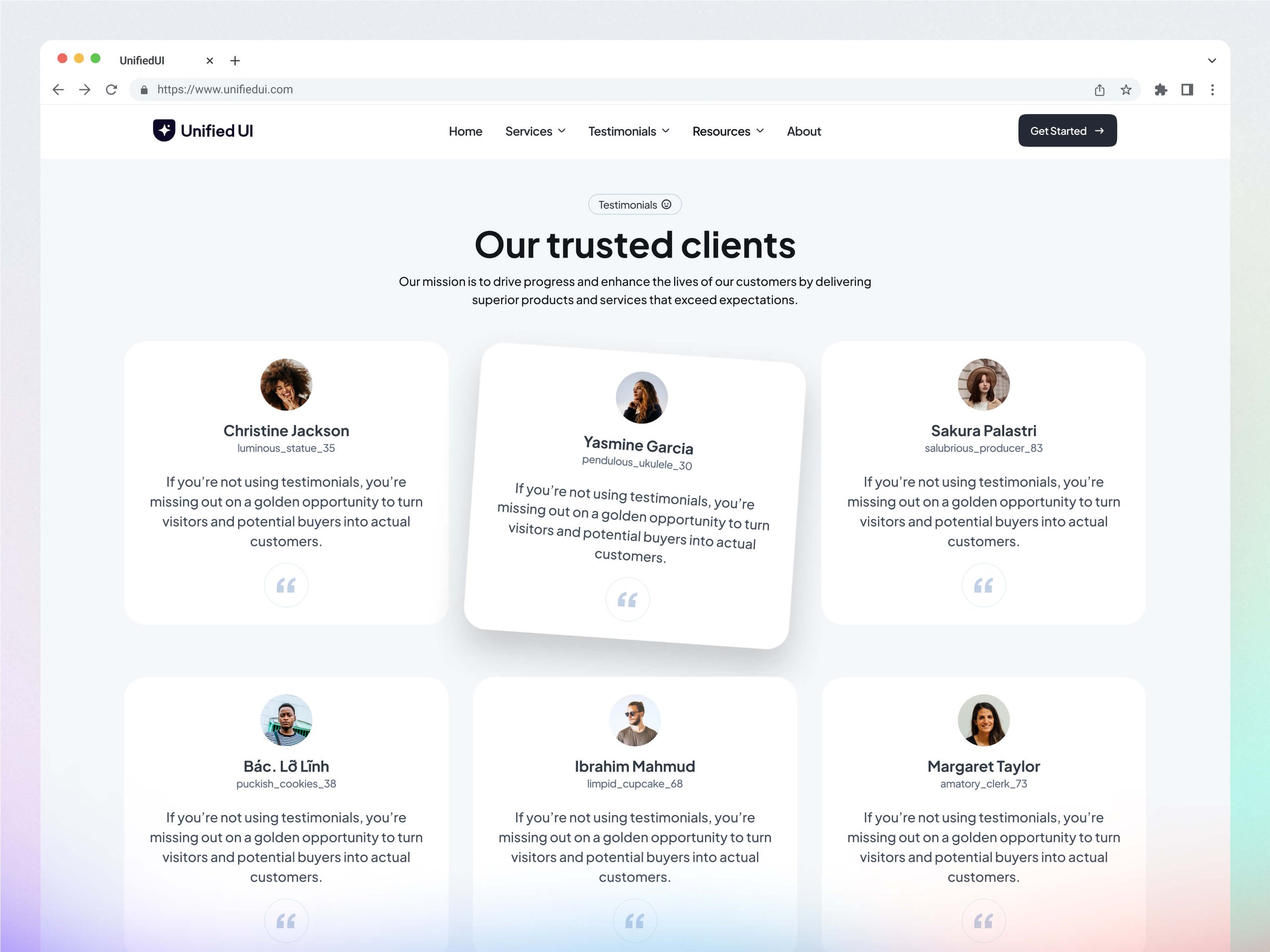 UnifiedUI — Testimonial Sections
