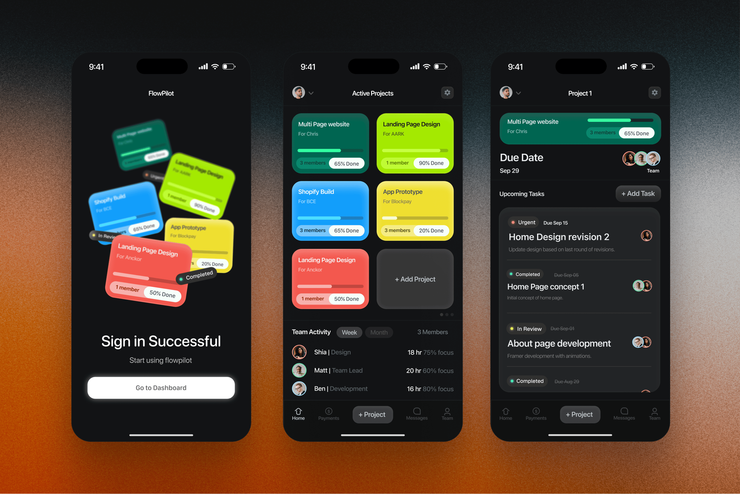 Project management app screens