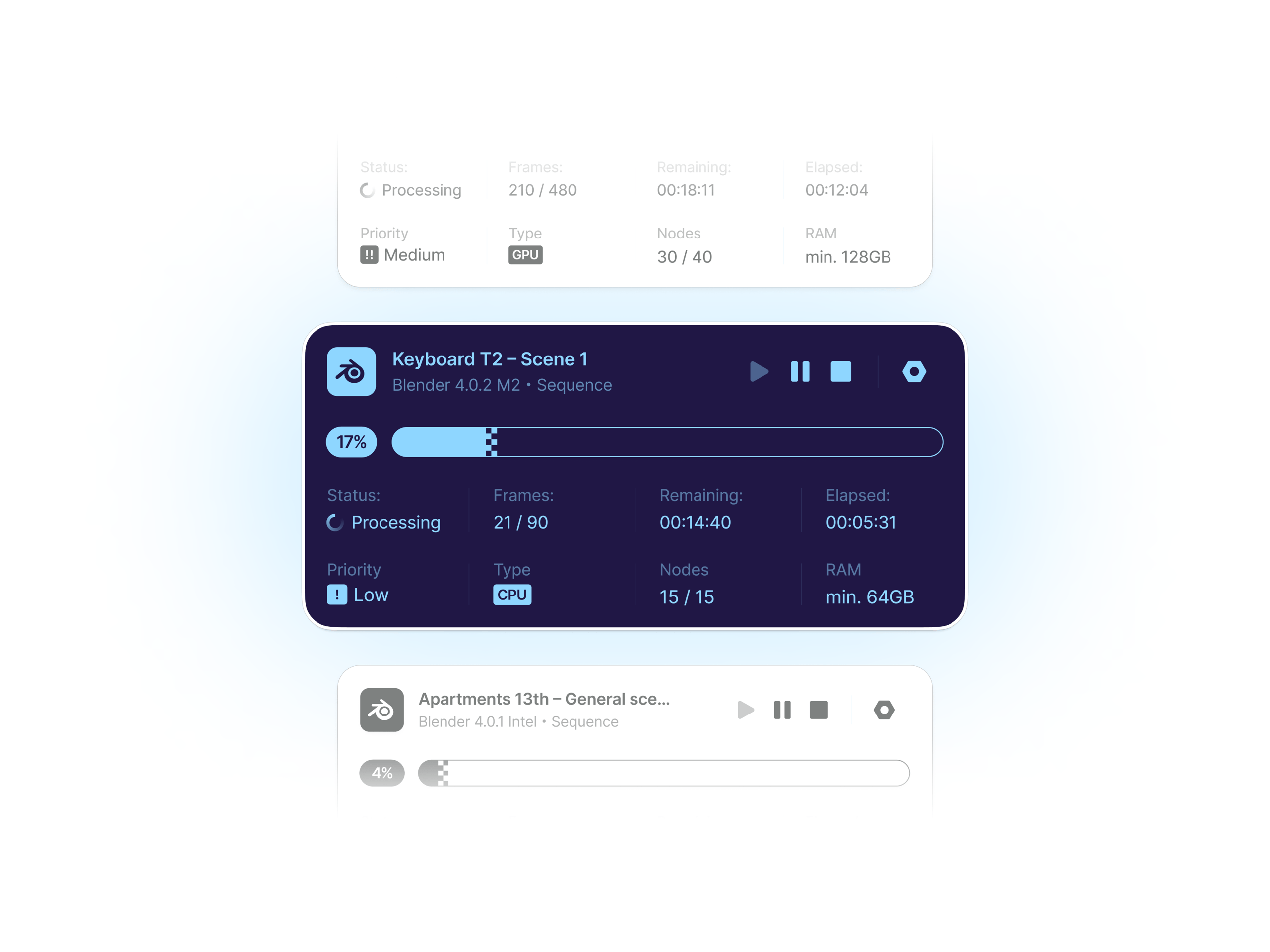 Cloud Render Farm - progress cards