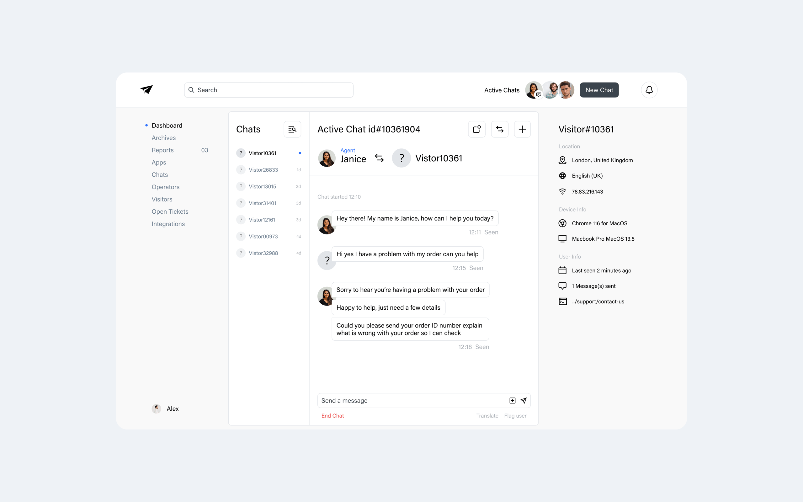 Live support chat dashboard