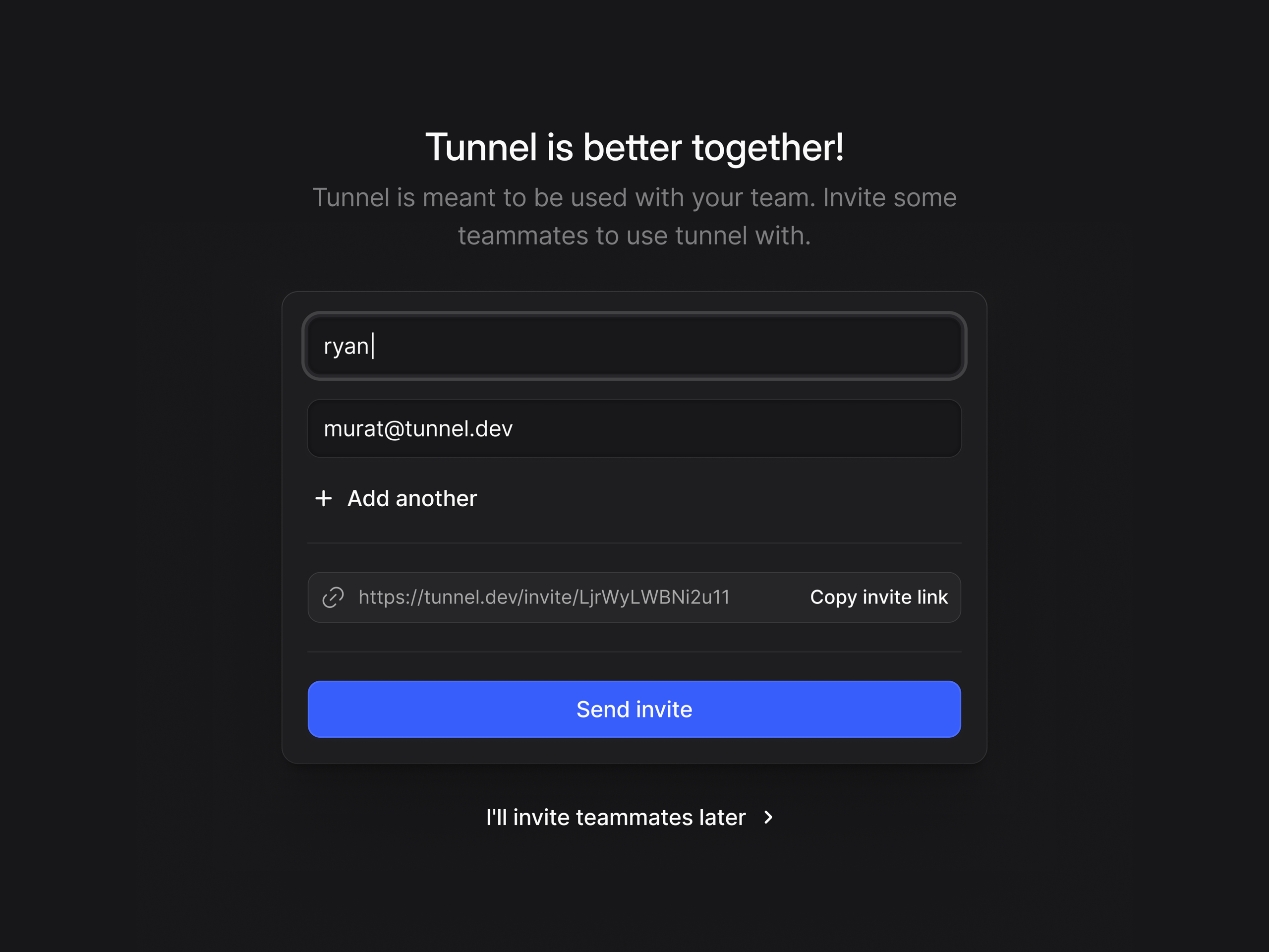 Onboarding - Invite teammates screen for @TunnelHQ