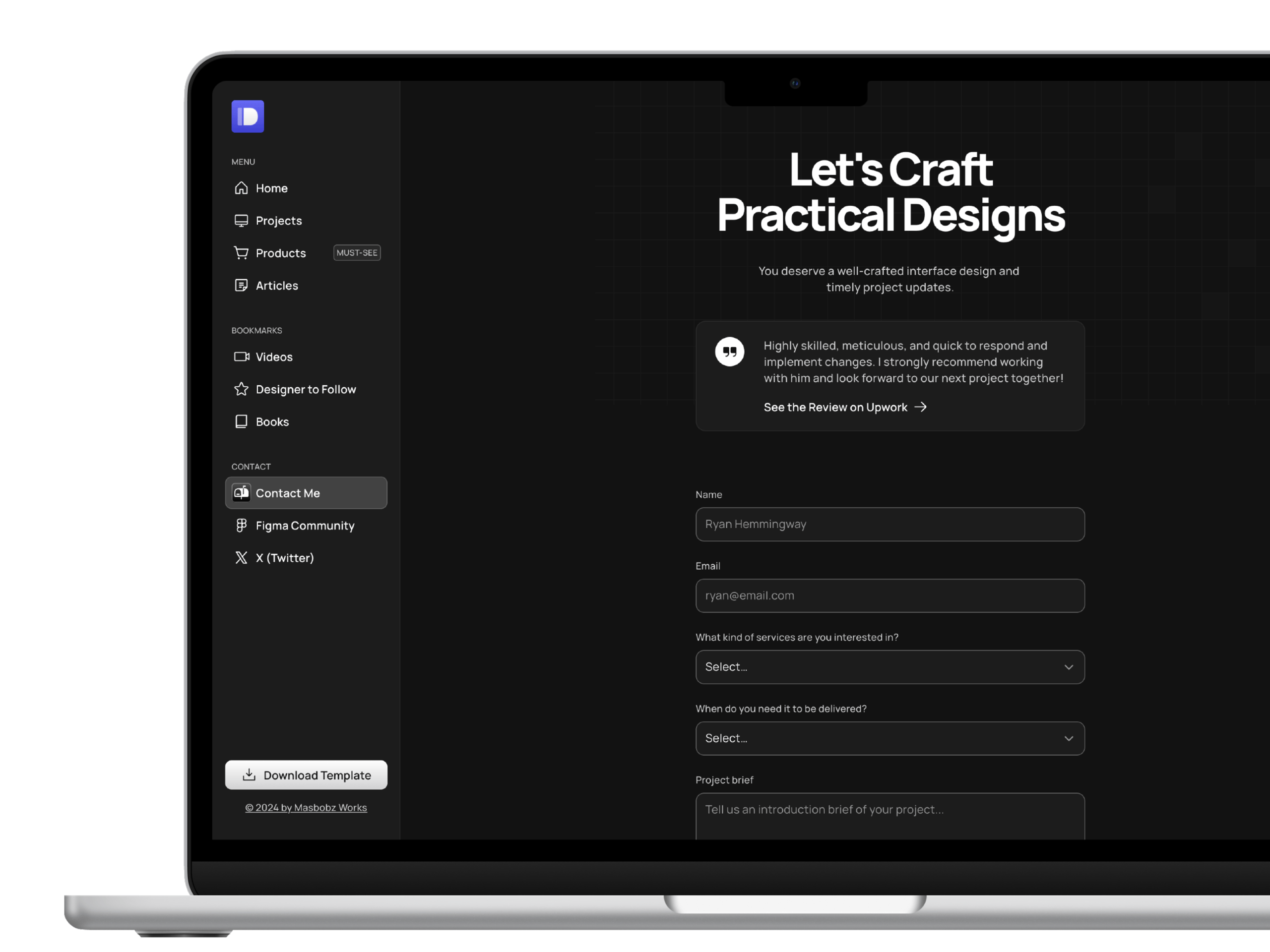 Contact Form of Dashbar - Framer Personal Site Template