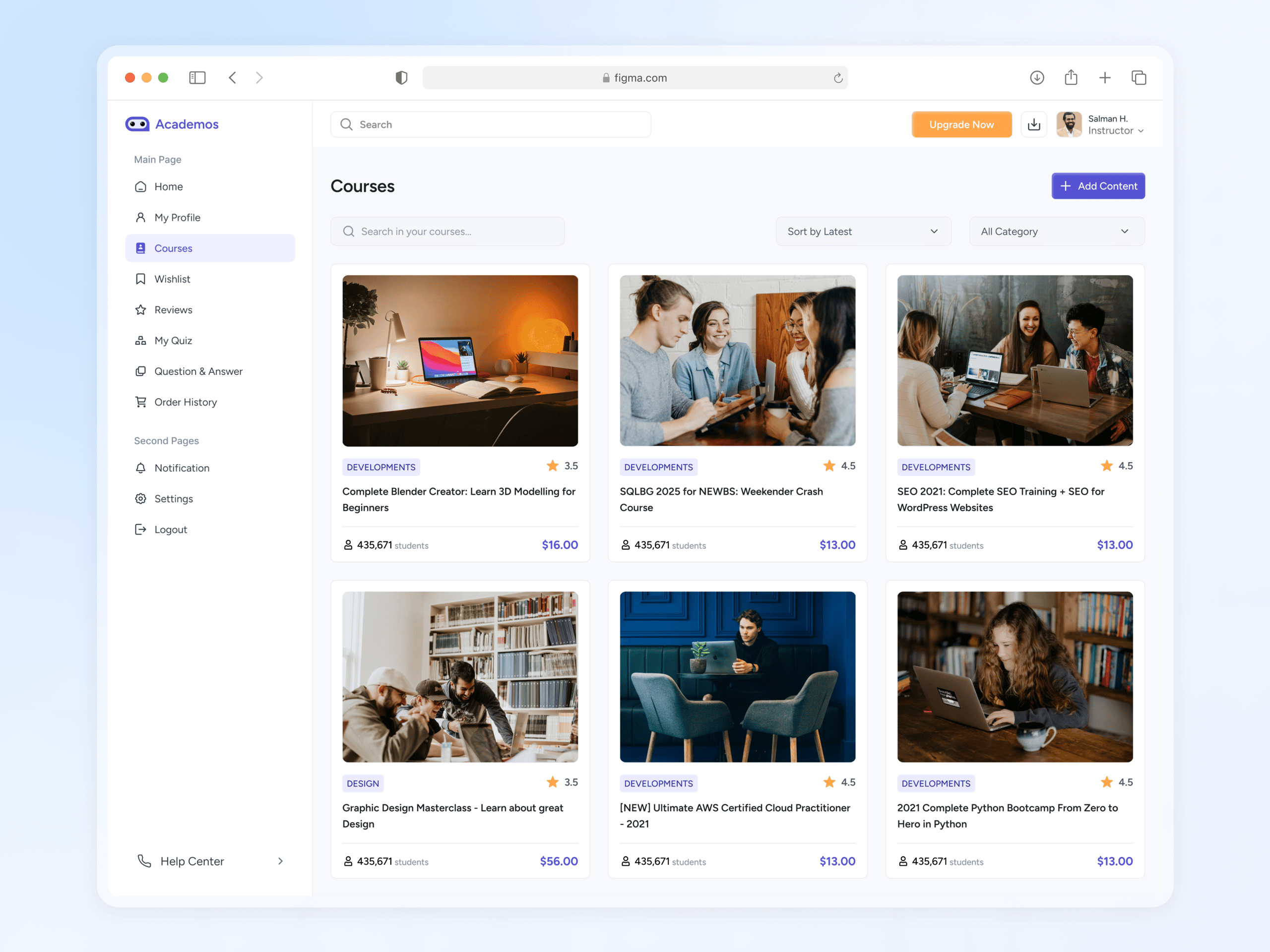 SaaS LMS Course Listing Page UI/UX Design