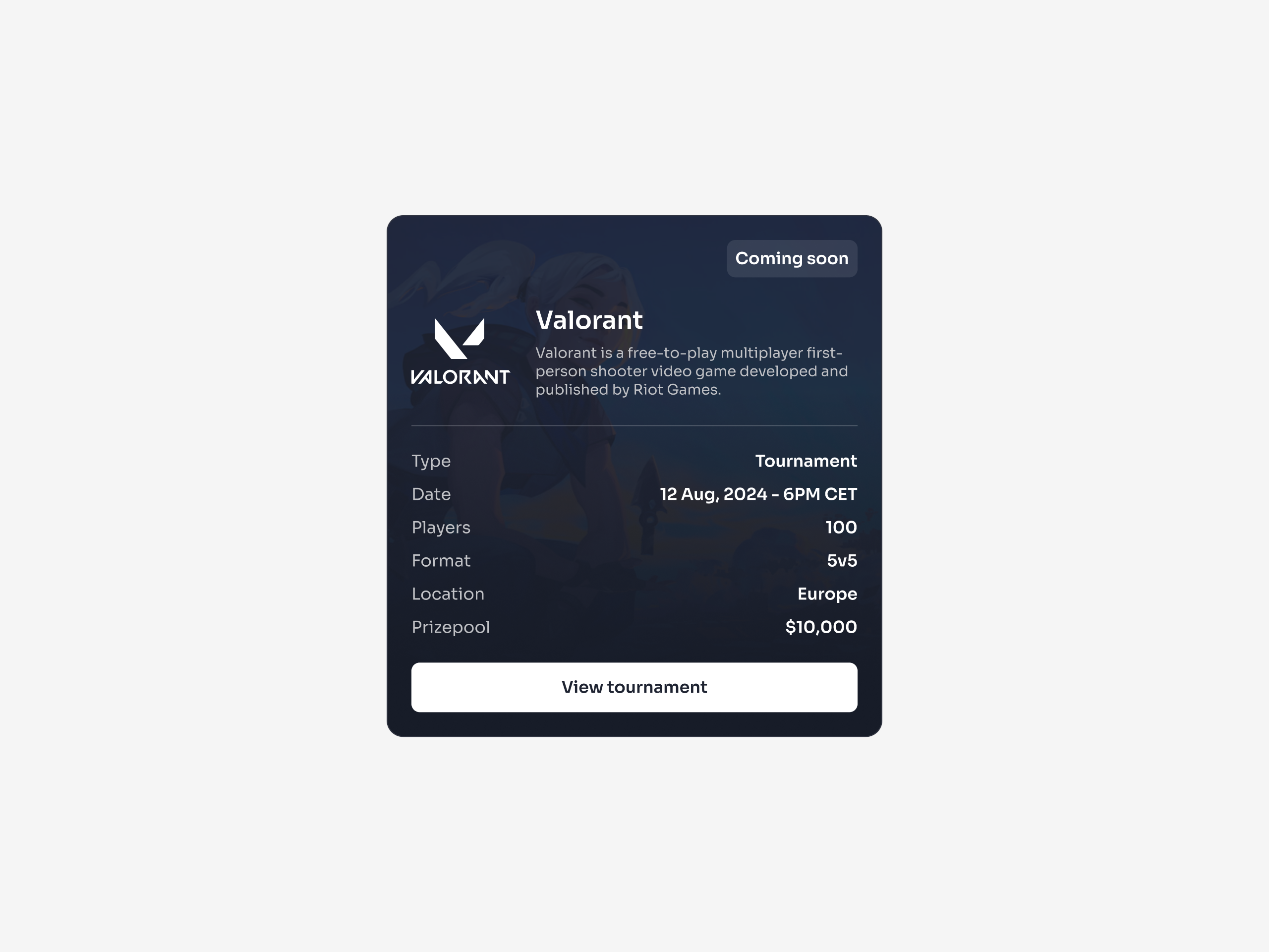 Esport tournament card hover