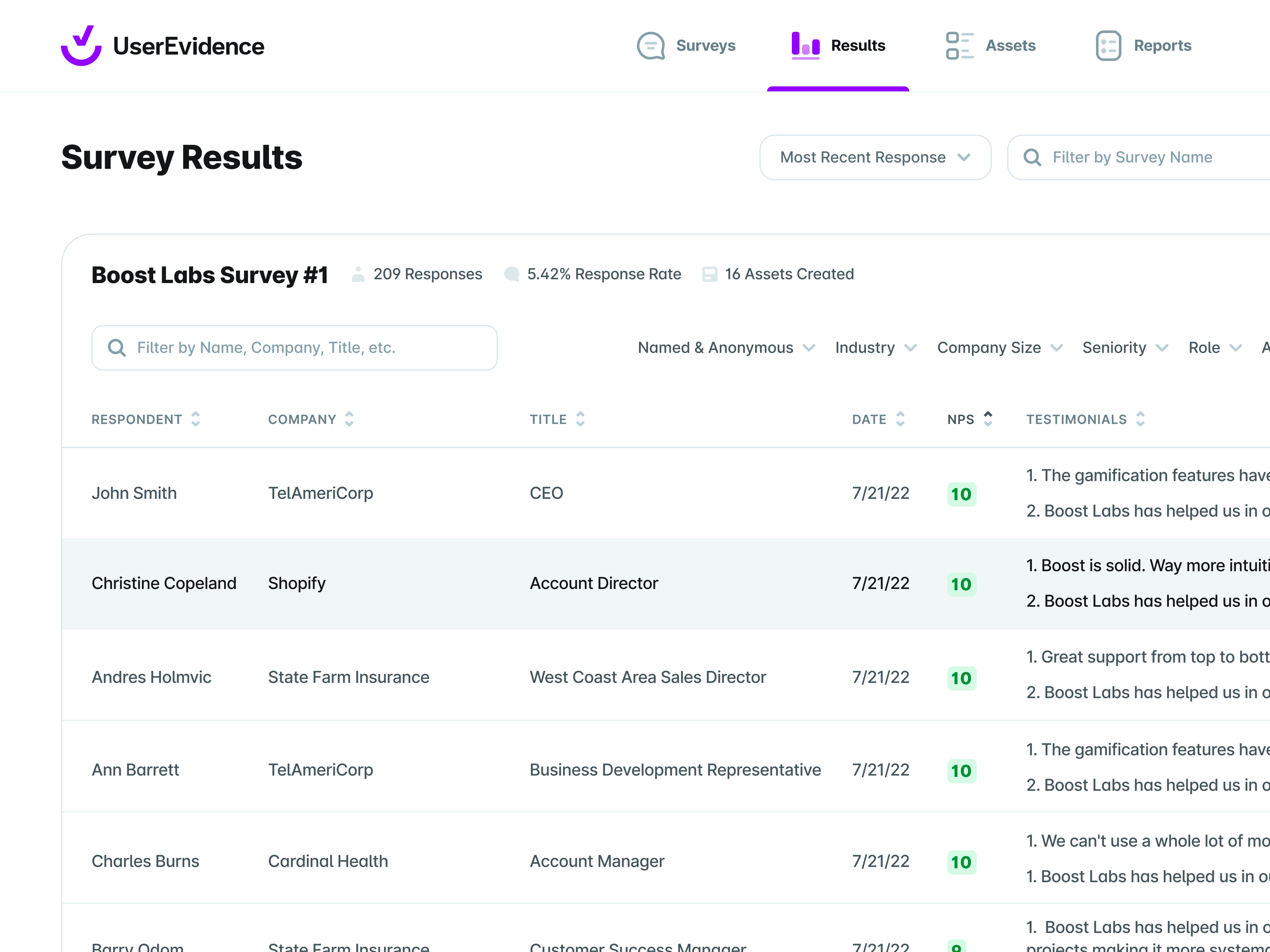 UserEvidence Survey Results Table